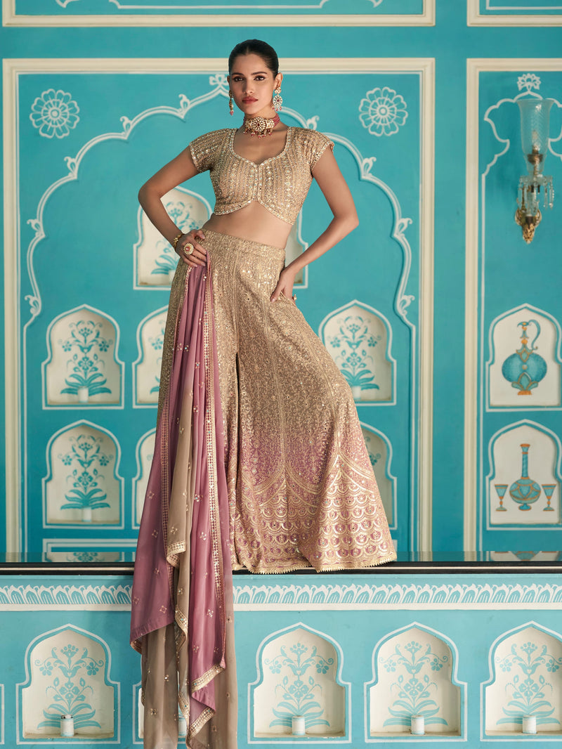 Golden Beige Palazzo Suit with Pink Dupatta