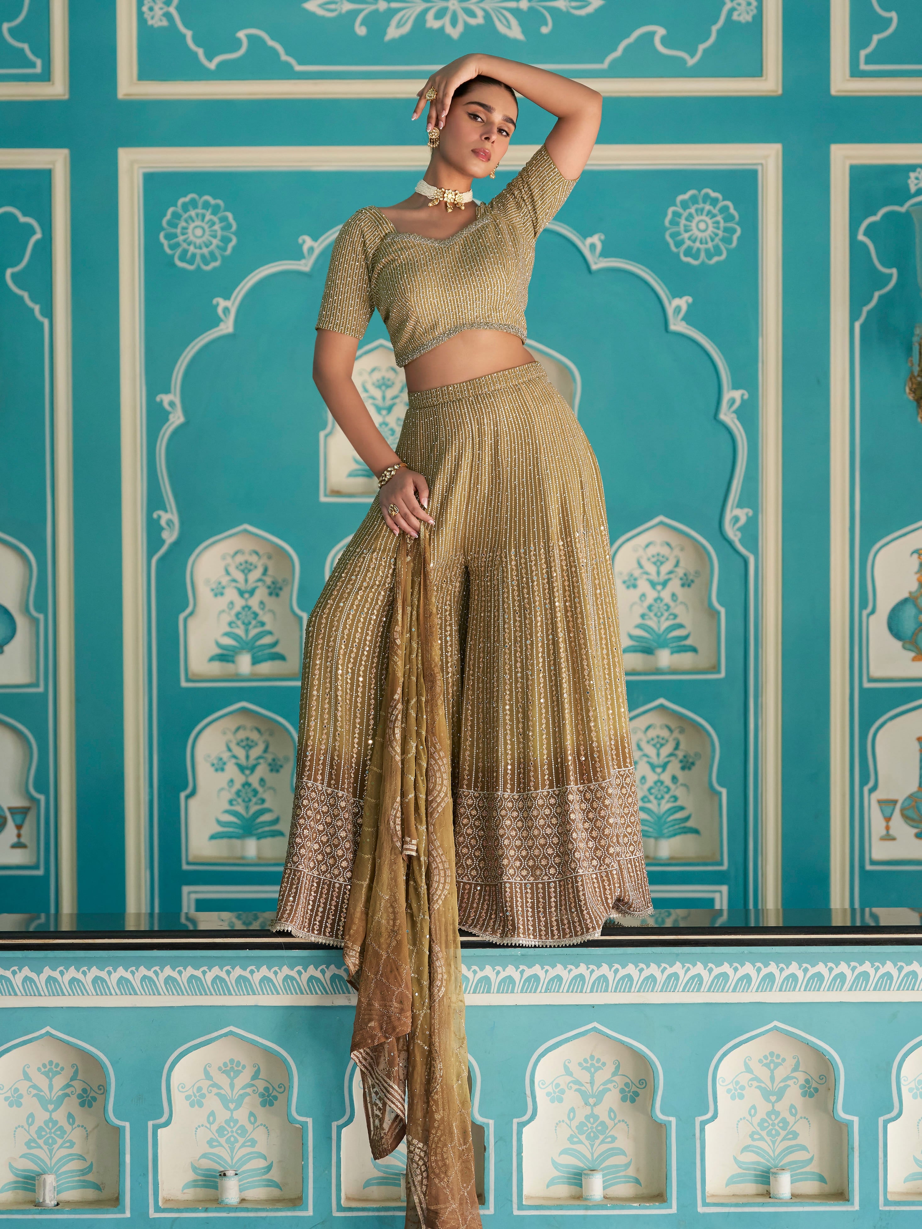 Mustard Gold Palazzo Suit with Mirror & Zarkan Embroidery