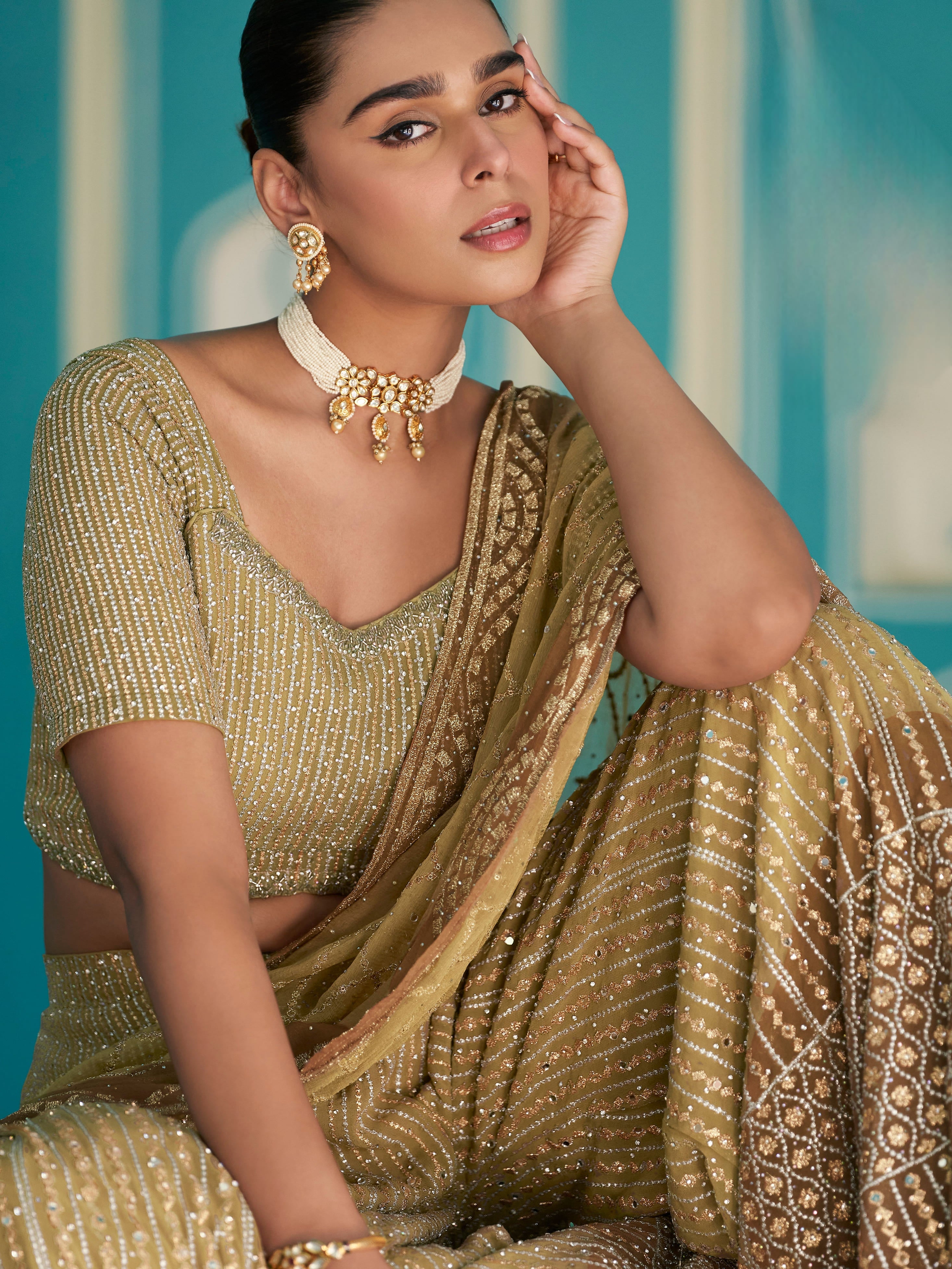 Mustard Gold Palazzo Suit with Mirror &amp; Zarkan Embroidery
