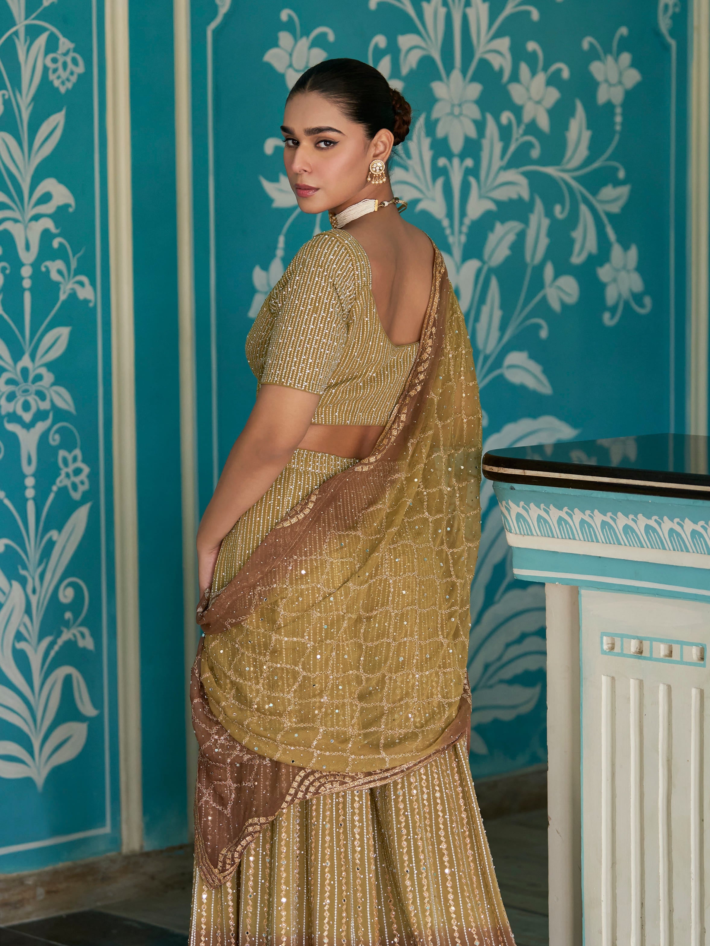 Mustard Gold Palazzo Suit with Mirror & Zarkan Embroidery