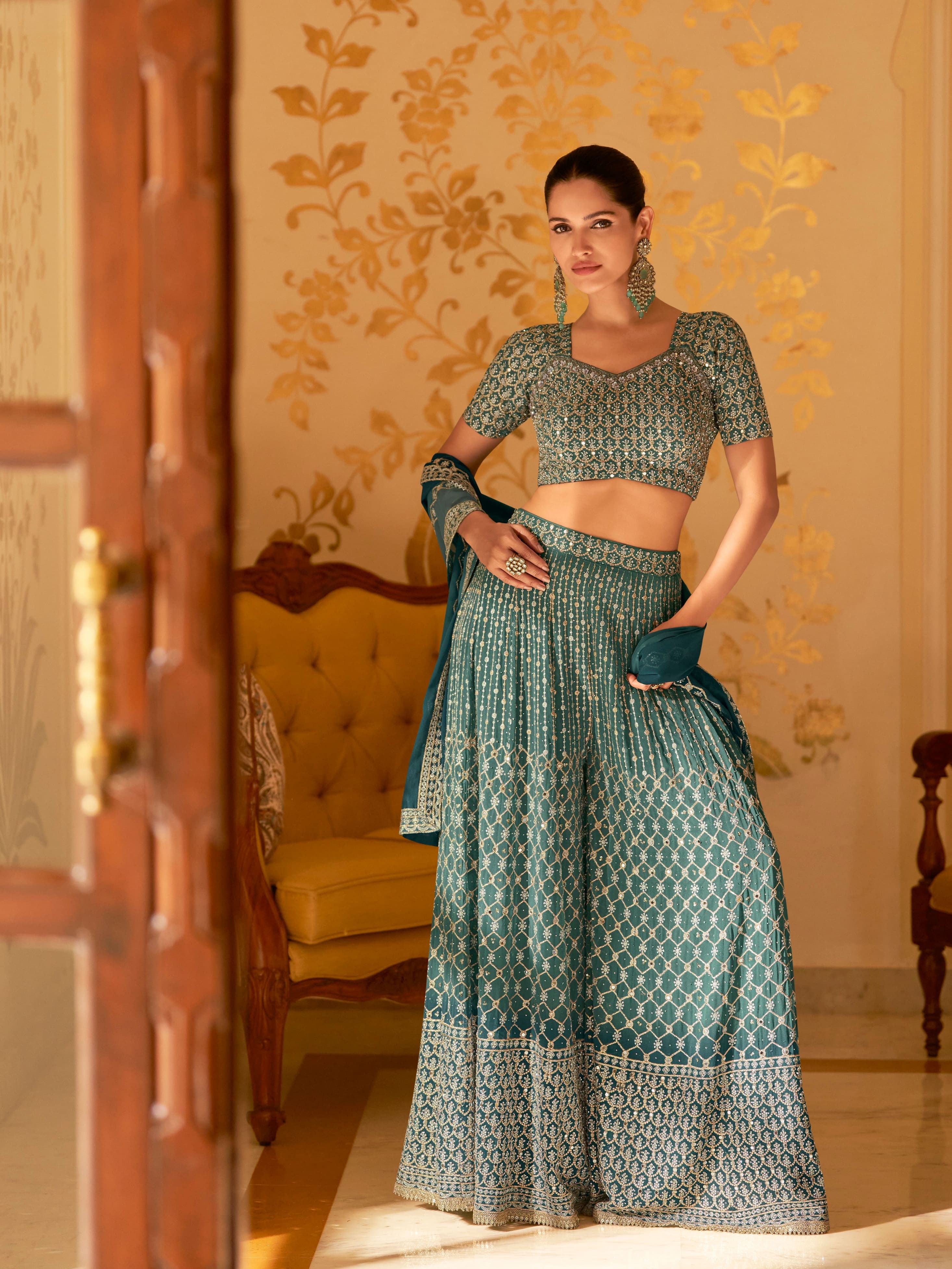Teal Blue Georgette Palazzo Suit with Heavy Embroidery