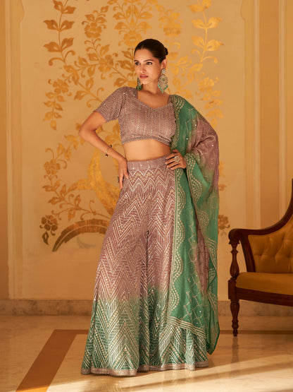 Dual Tone Green &amp; Brown Palazzo Suit with Embroidery