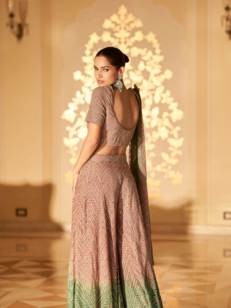 Dual Tone Green & Brown Palazzo Suit with Embroidery