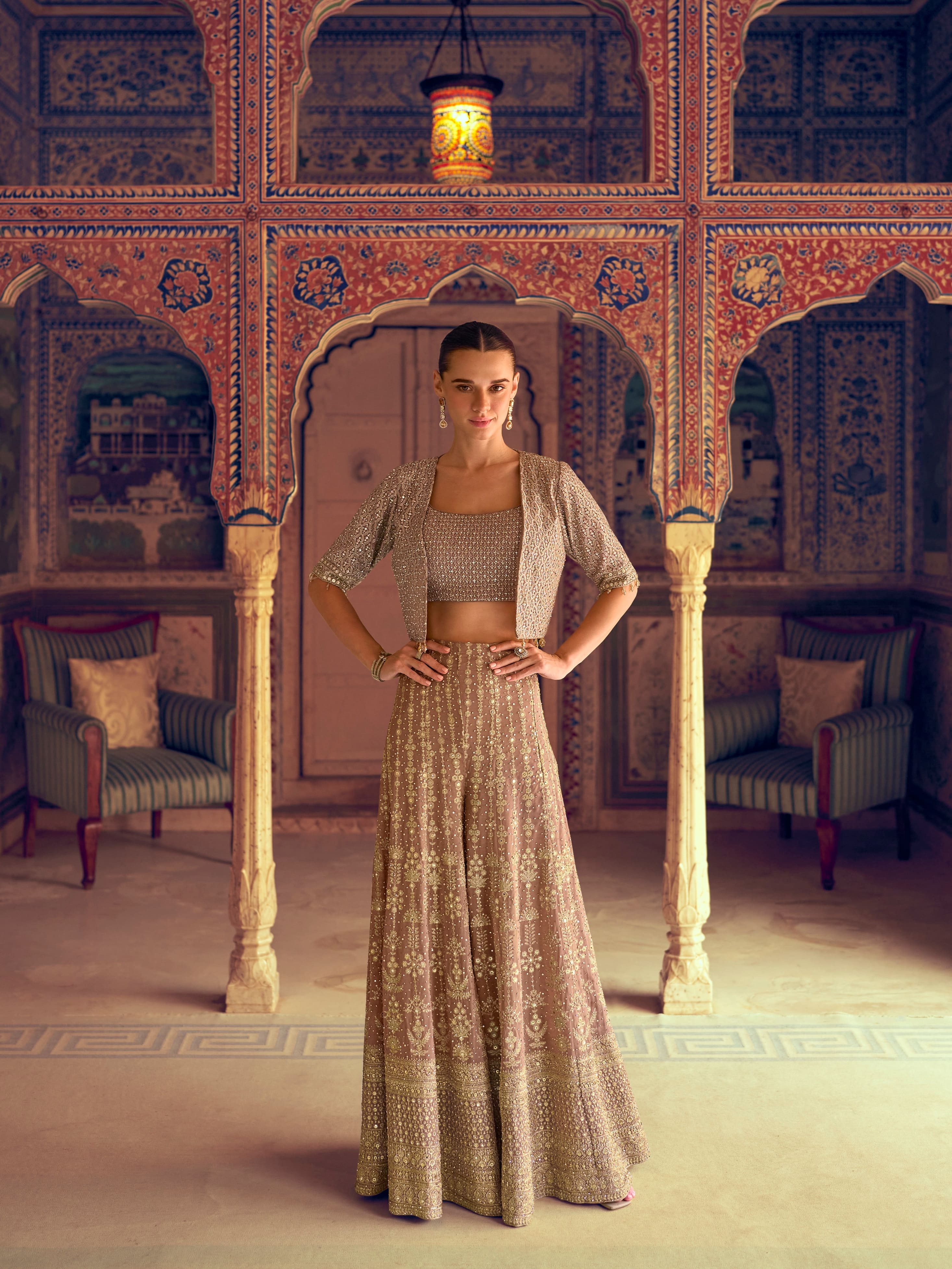 Beige Heavy Embroidered Georgette Palazzo Set with Jacket &amp; Blouse