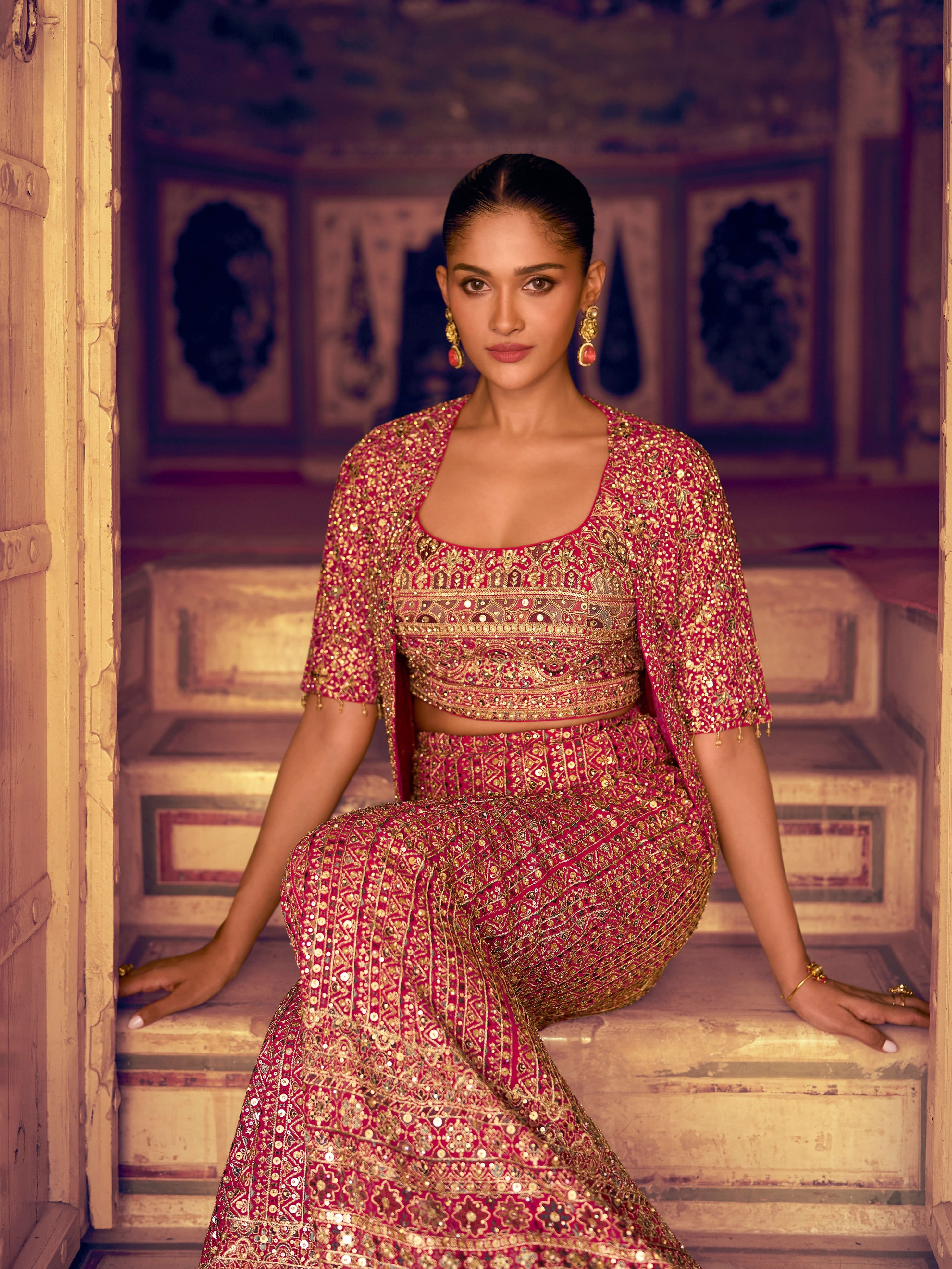 Red Bridal Georgette Palazzo Set with Embroidered Jacket