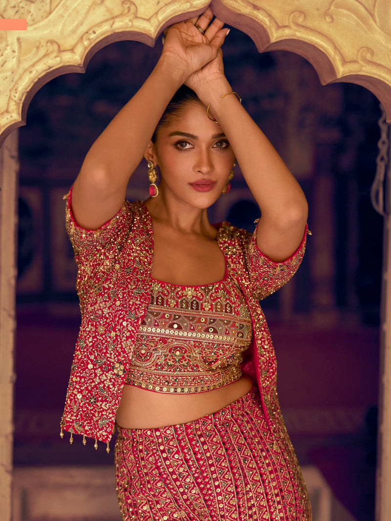 Red Bridal Georgette Palazzo Set with Embroidered Jacket