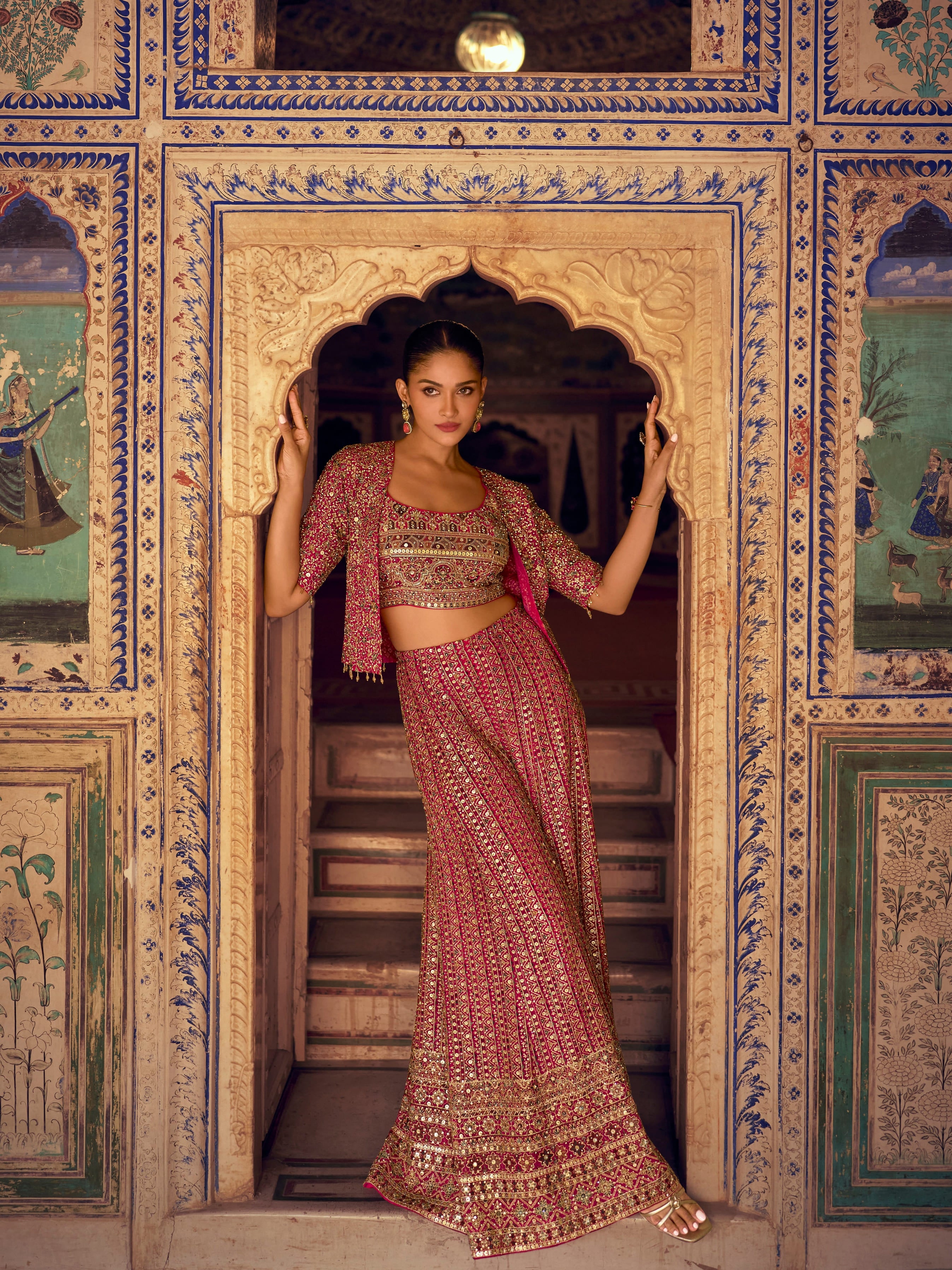 Red Bridal Georgette Palazzo Set with Embroidered Jacket