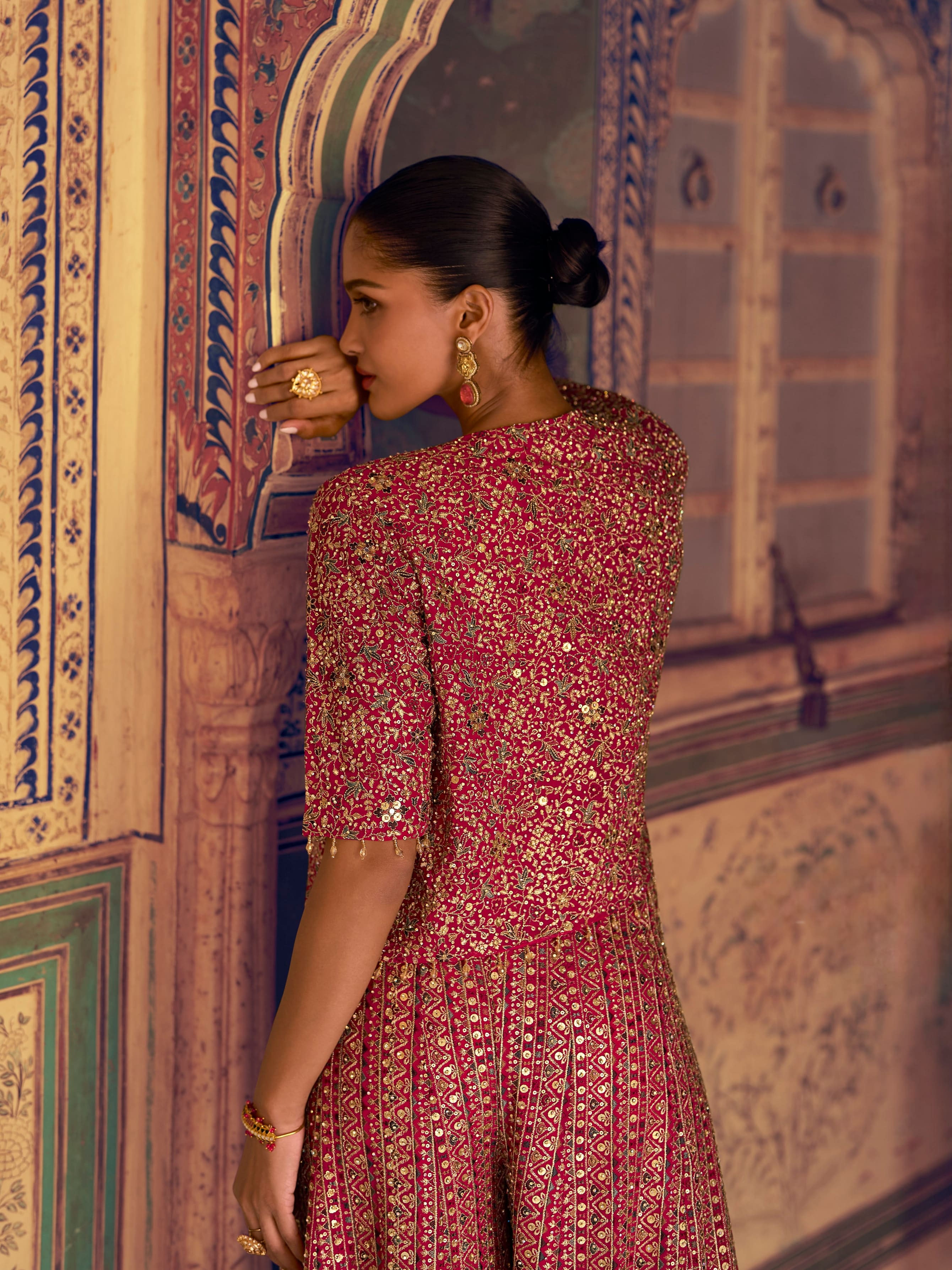 Red Bridal Georgette Palazzo Set with Embroidered Jacket