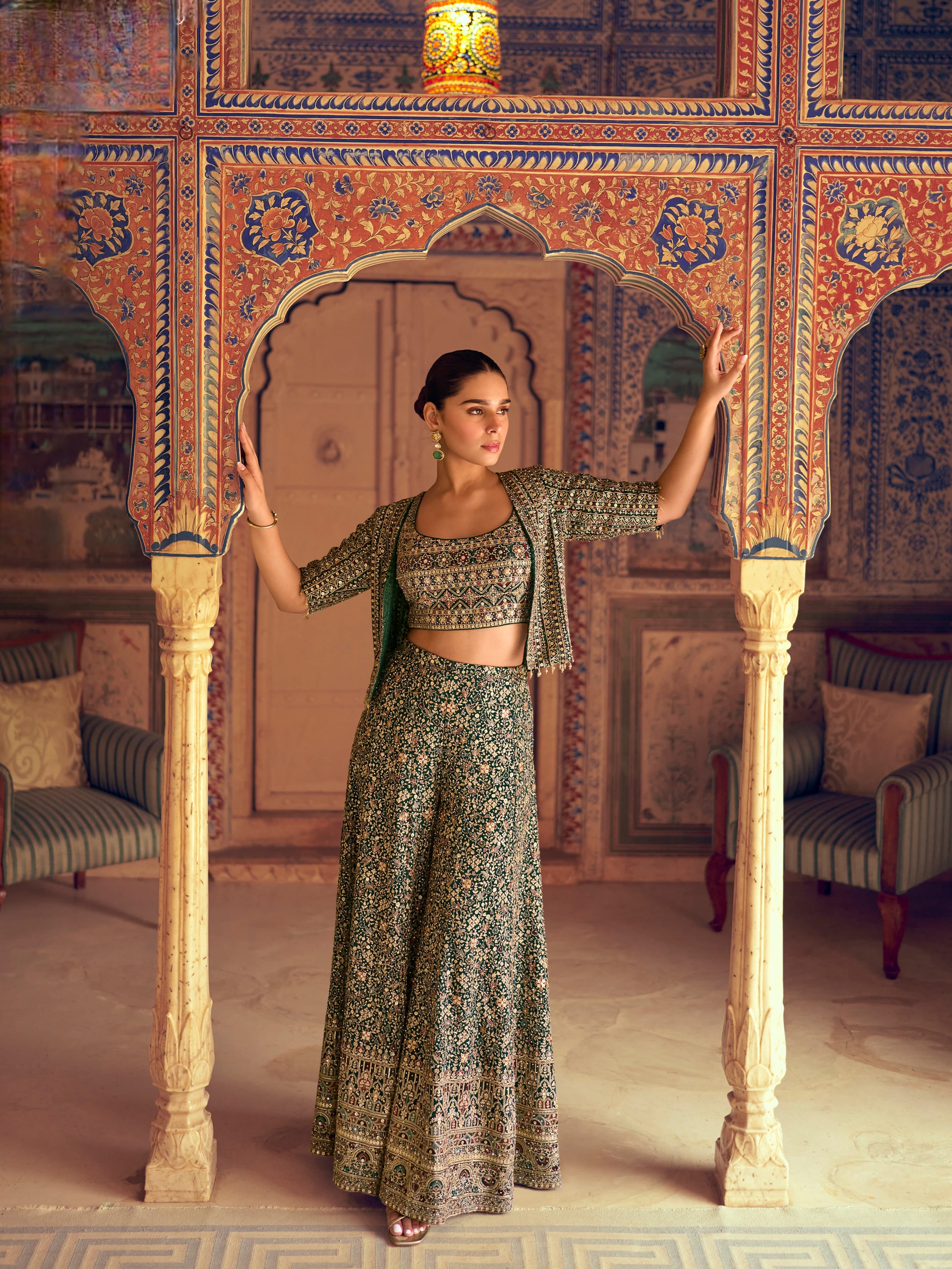 Green Heavy Embroidered Palazzo Set