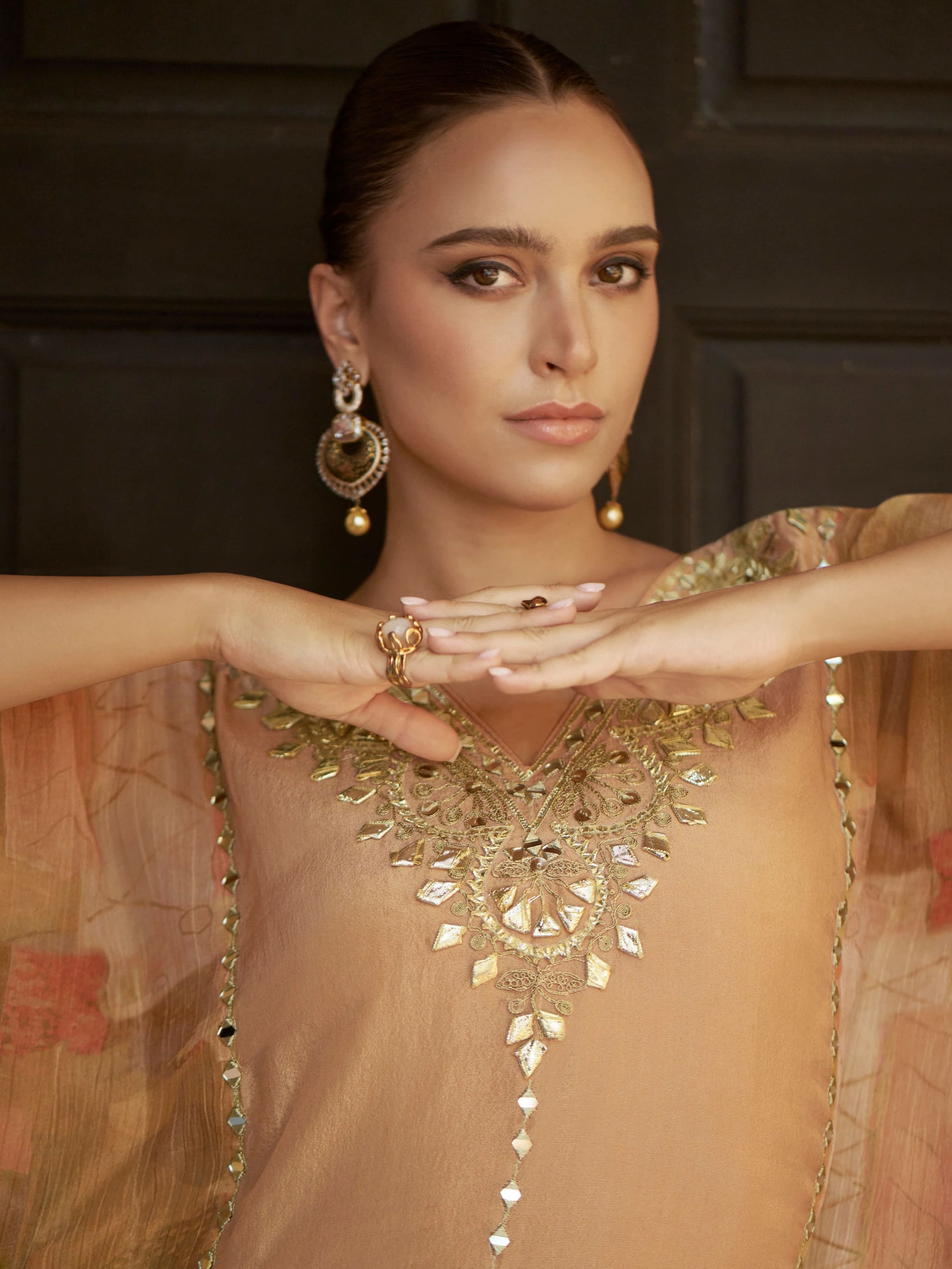 Beige Mirror Work Kaftan with Gharara in Viscos Jacquard Silk