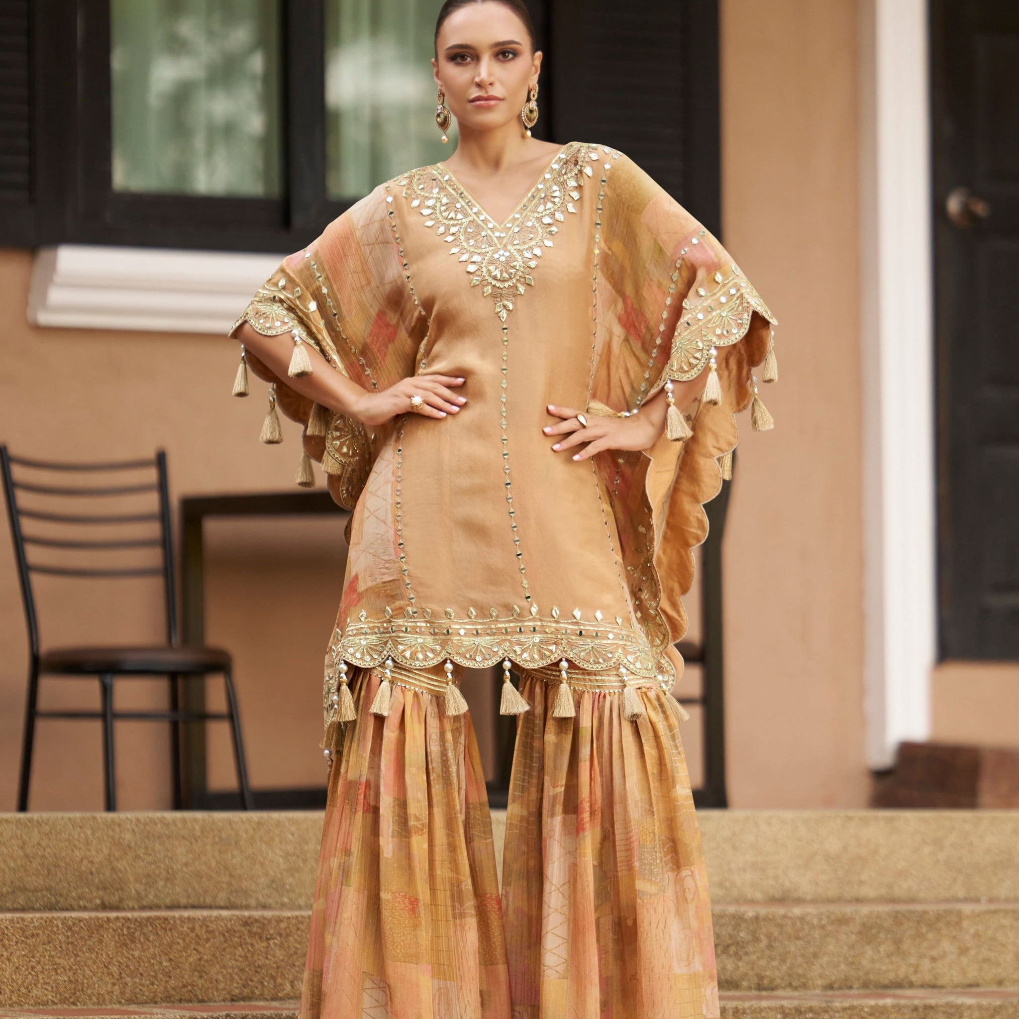 Beige Mirror Work Kaftan with Gharara in Viscos Jacquard Silk