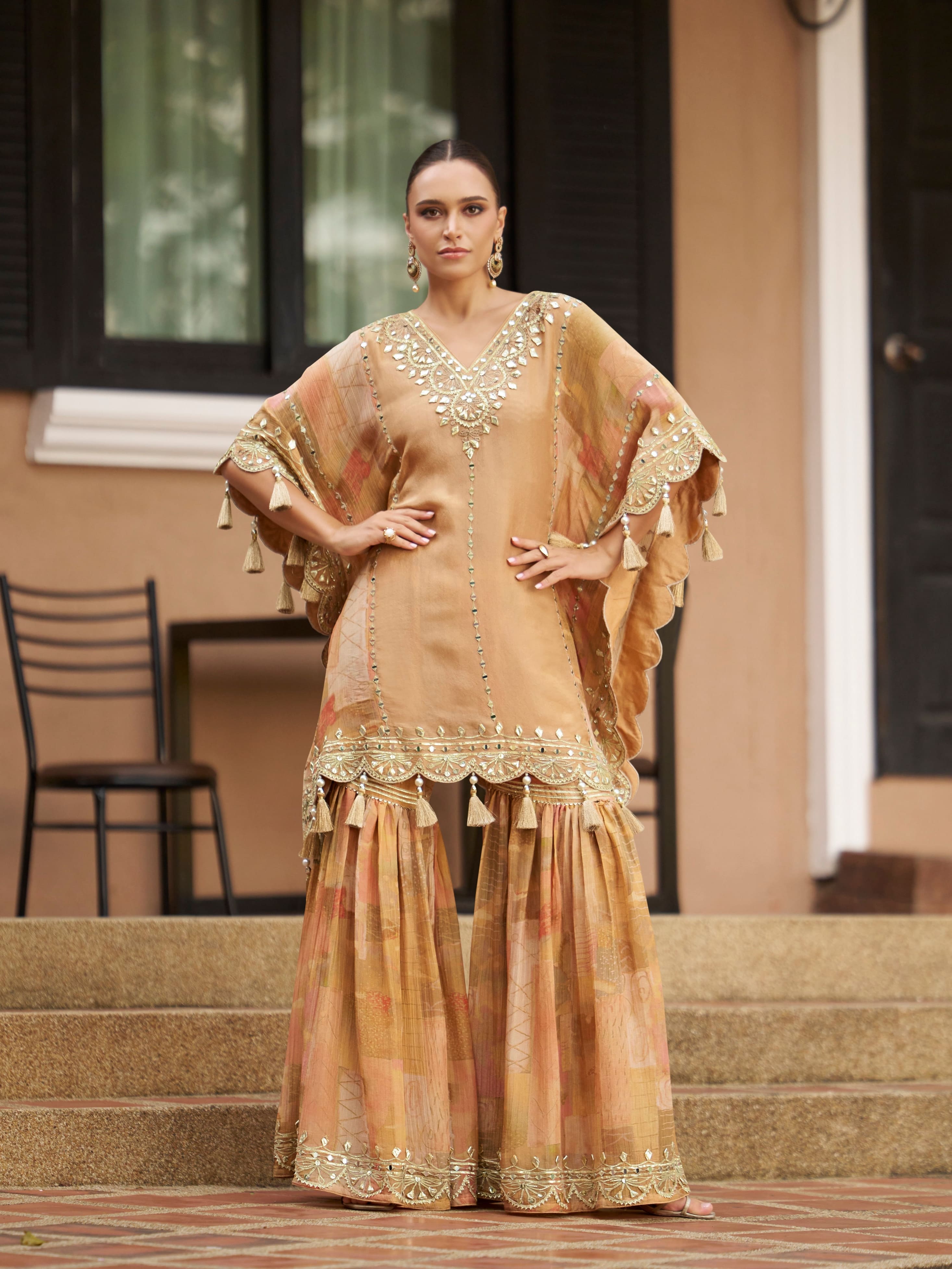 Beige Mirror Work Kaftan with Gharara in Viscos Jacquard Silk