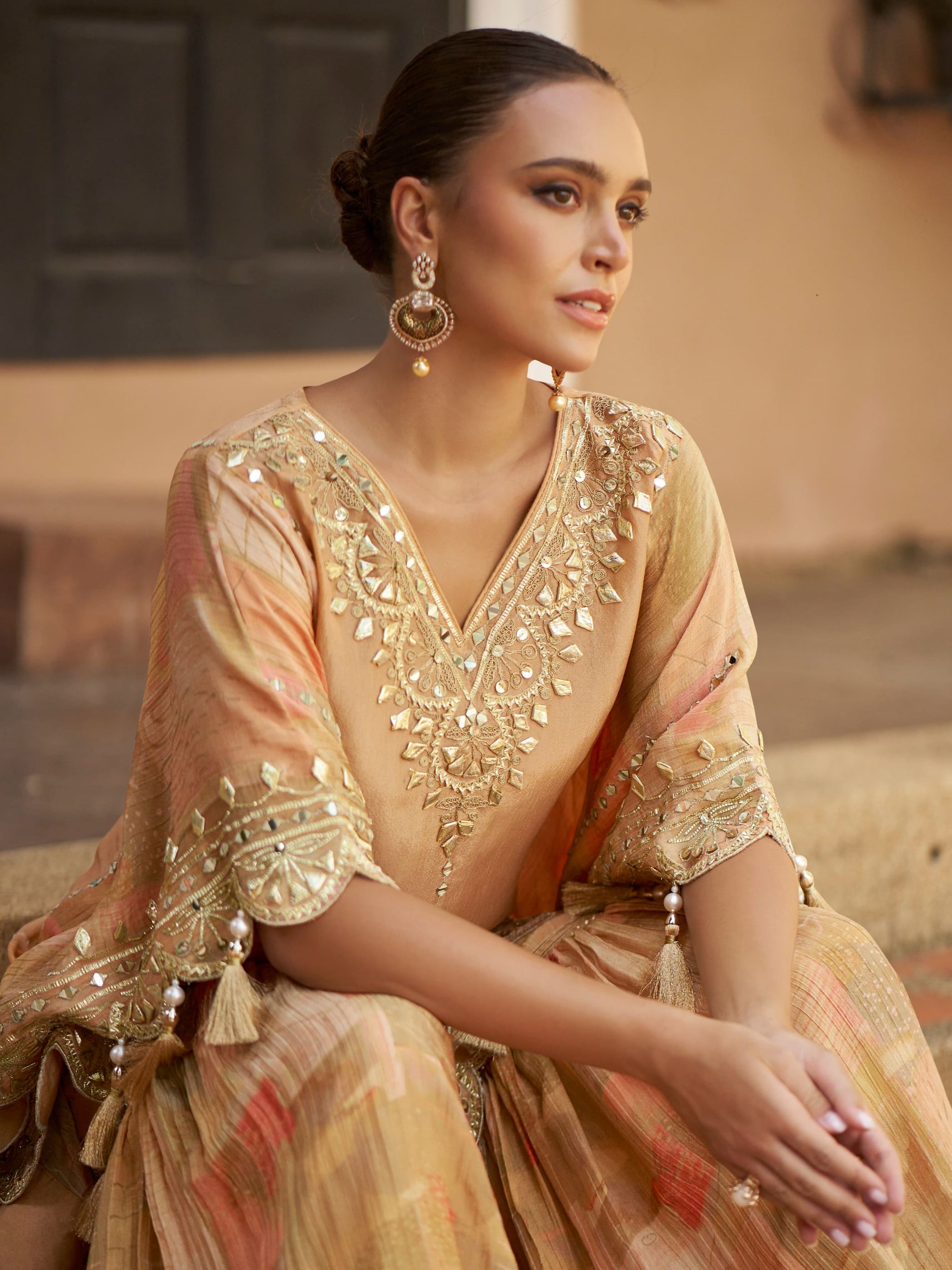 Beige Mirror Work Kaftan with Gharara in Viscos Jacquard Silk