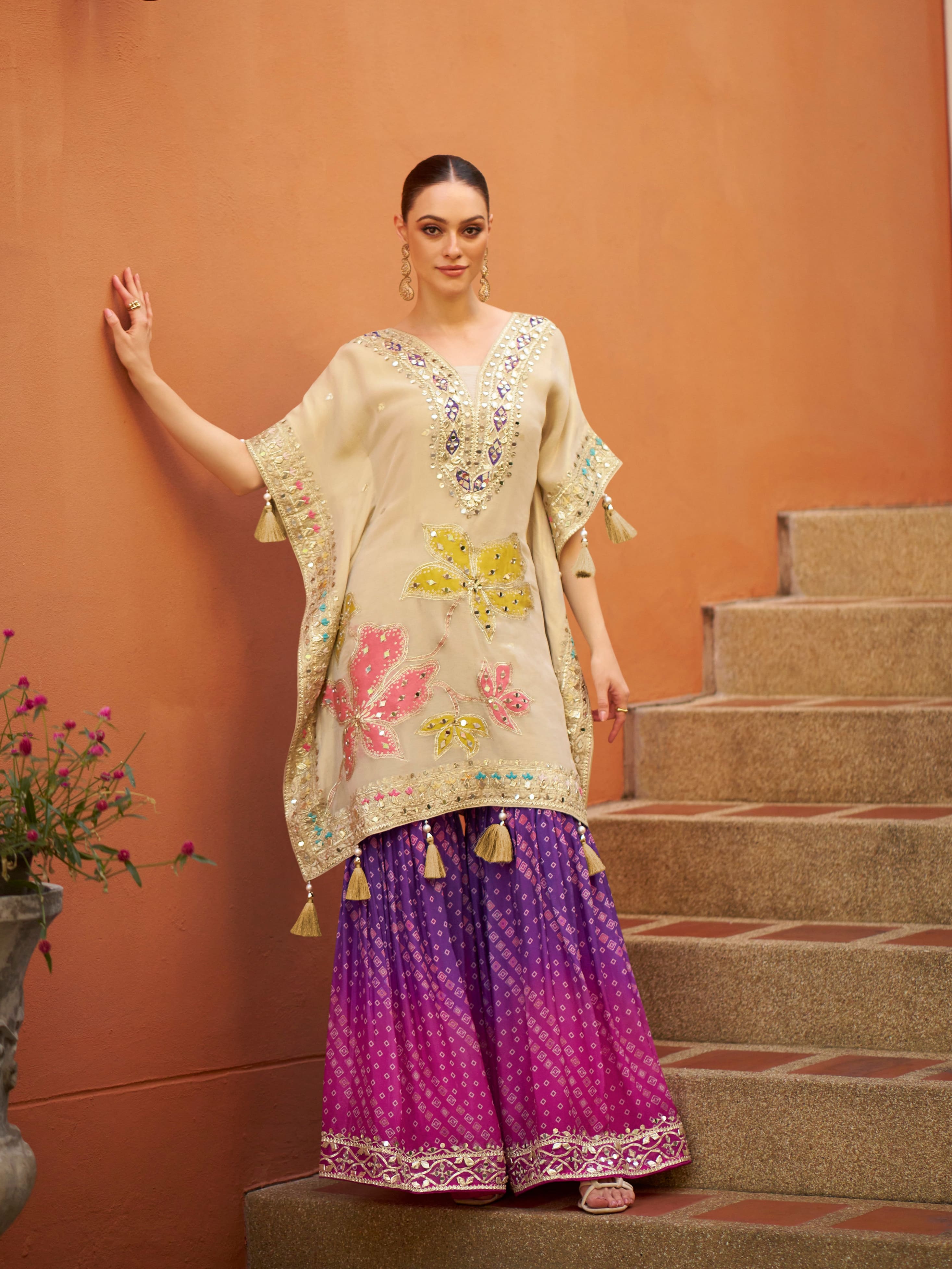 Ivory Hand Embroidered Kaftan with Purple Gharara in Silk