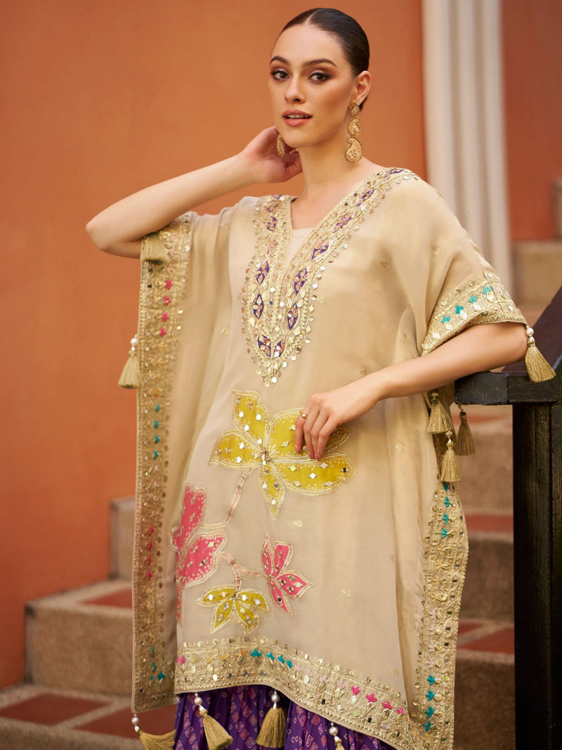 Ivory Hand Embroidered Kaftan with Purple Gharara in Silk