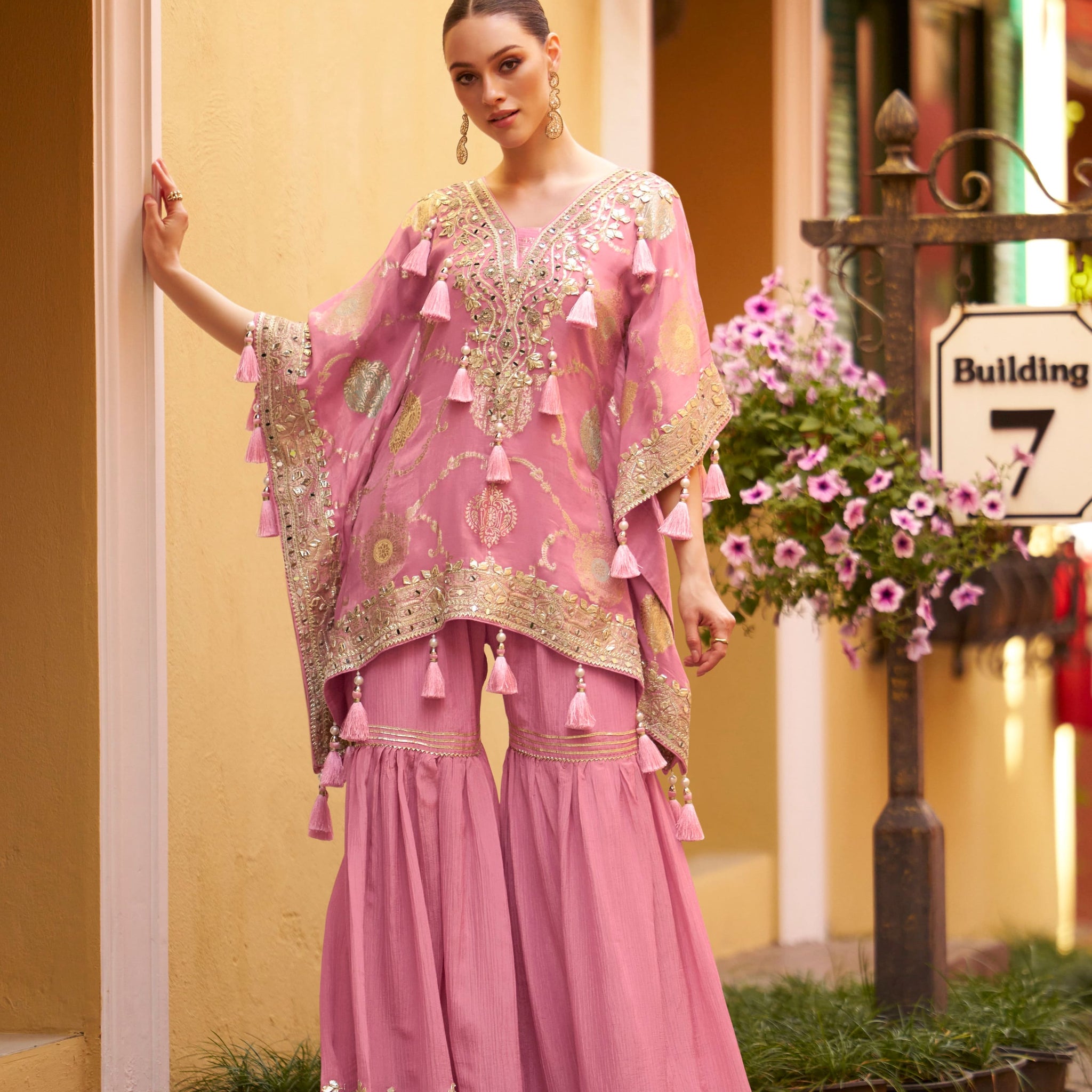 Pink Embroidered Kaftan with Gharara in Silk
