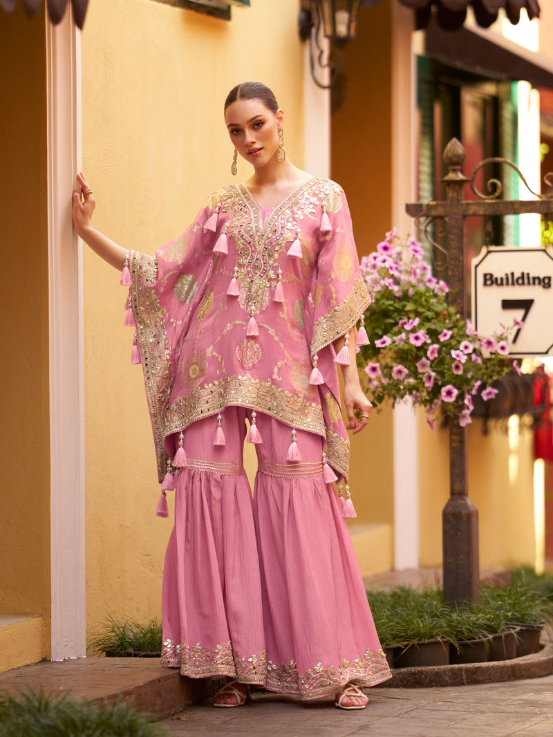 Pink Embroidered Kaftan with Gharara in Silk