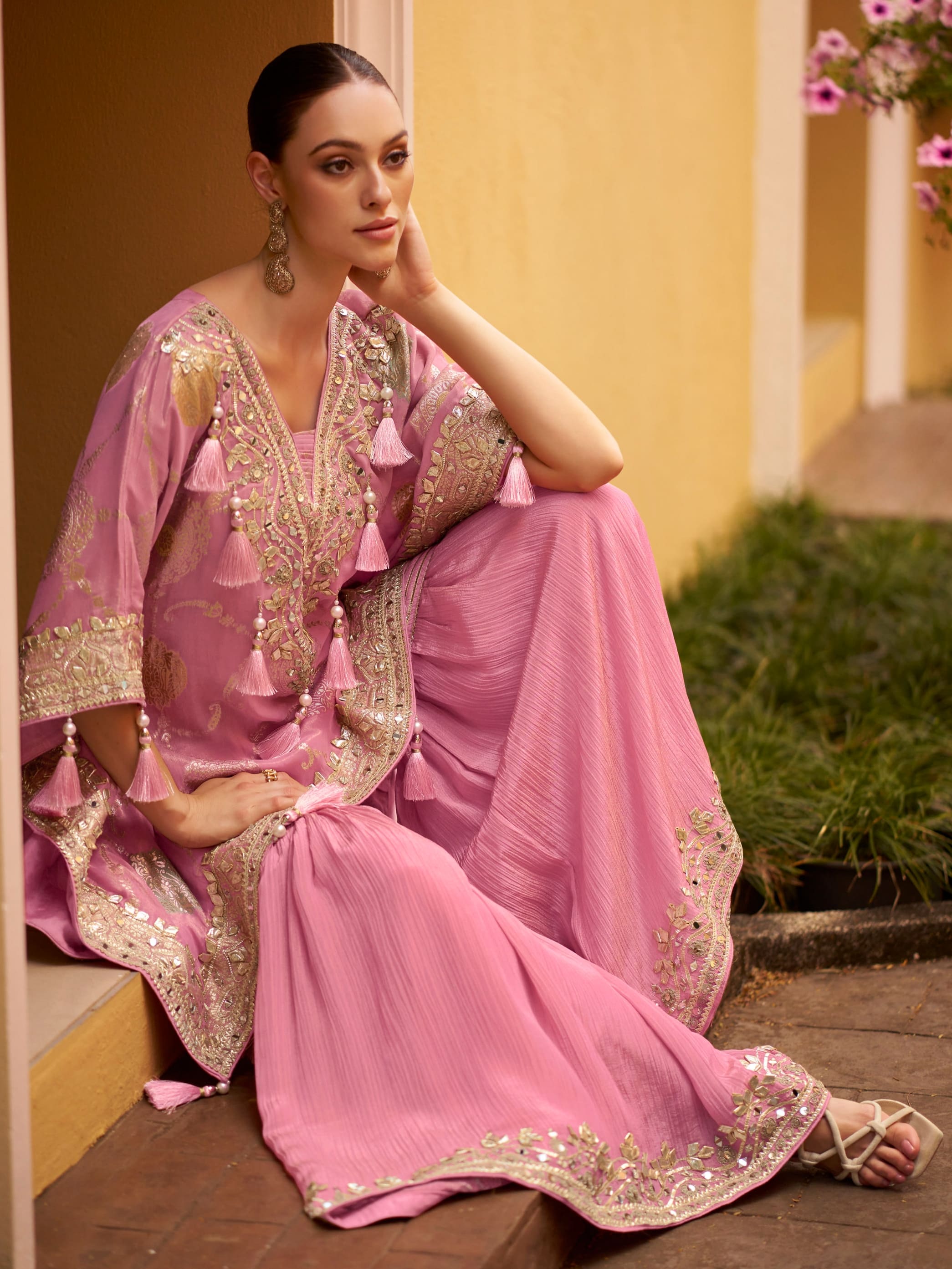 Pink Embroidered Kaftan with Gharara in Silk