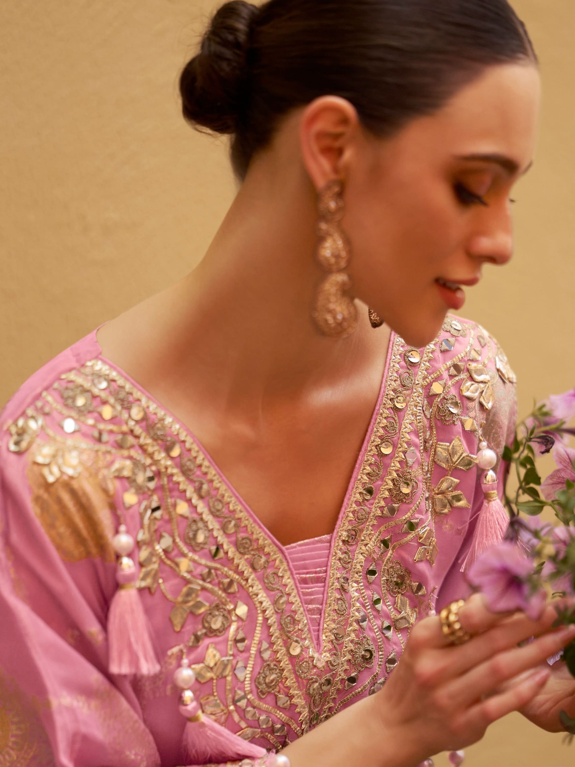 Pink Embroidered Kaftan with Gharara in Silk