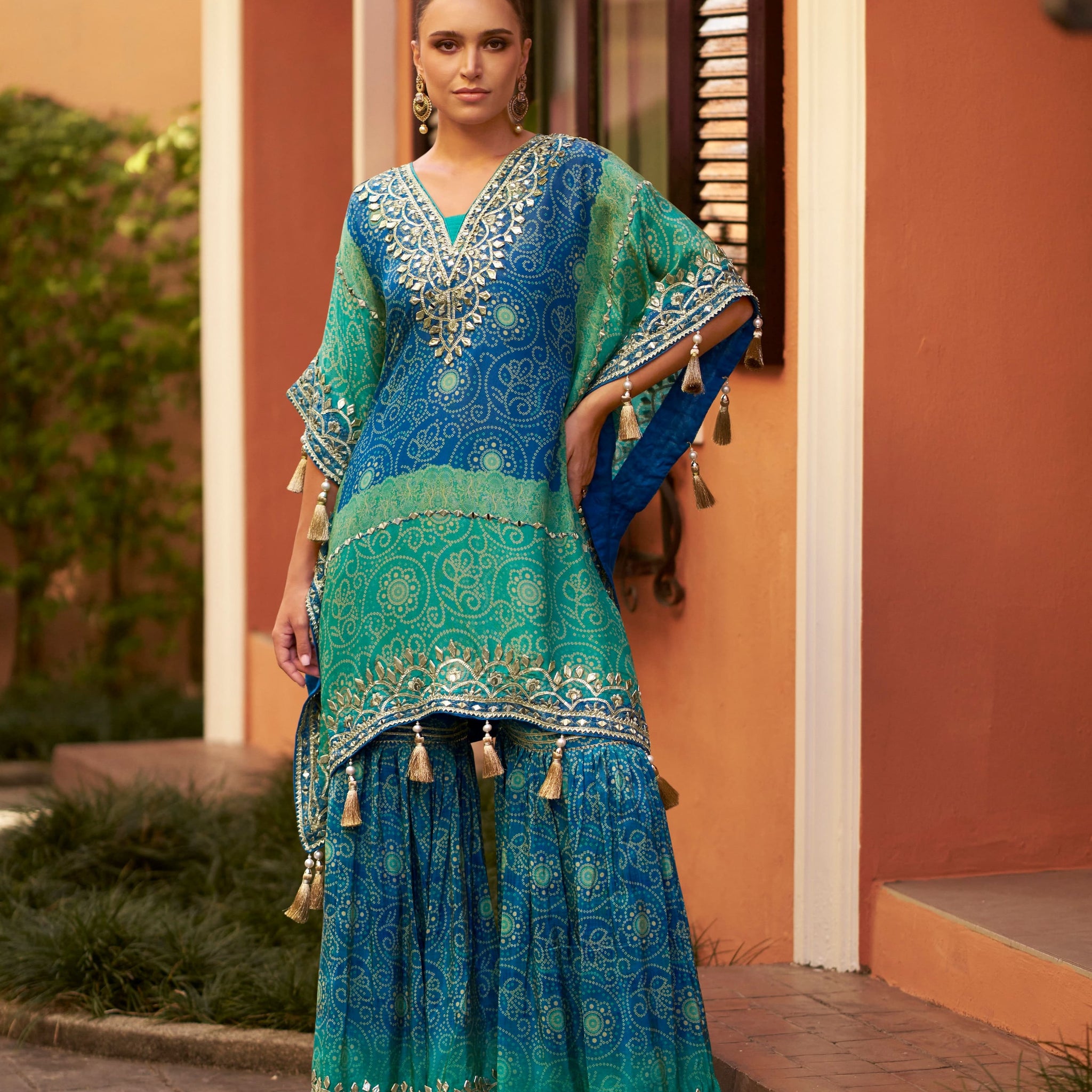 Blue & Green Silk Kaftan with Embroidery and Gharara