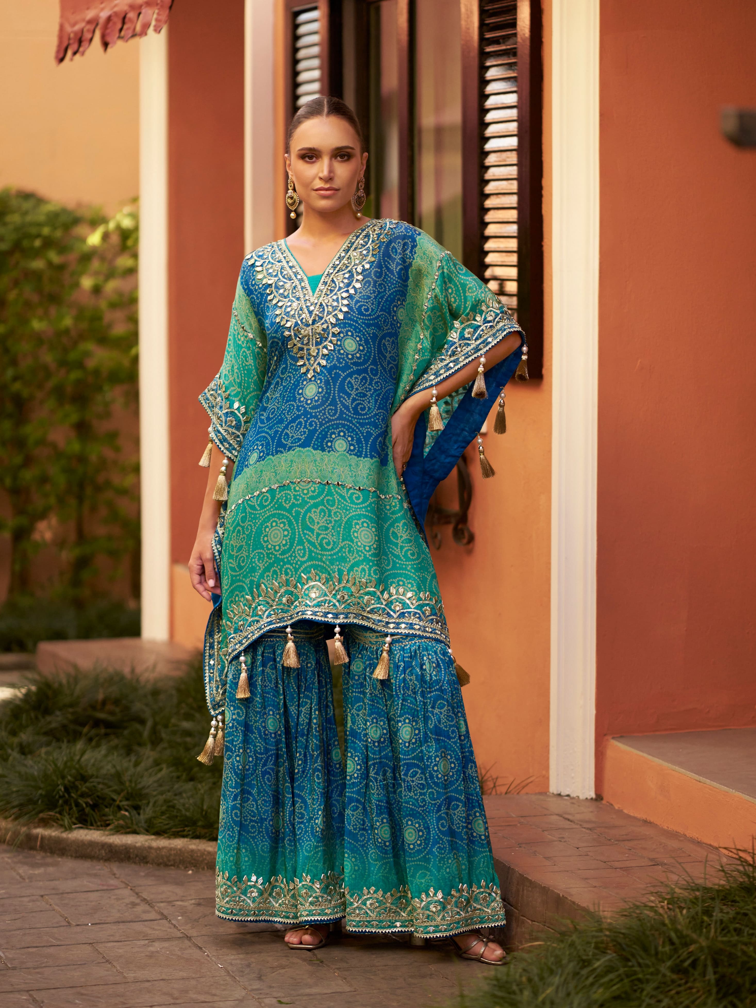 Blue &amp; Green Silk Kaftan with Embroidery and Gharara