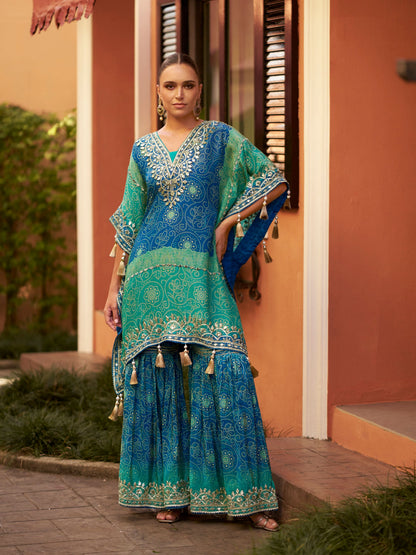 Blue &amp; Green Silk Kaftan with Embroidery and Gharara
