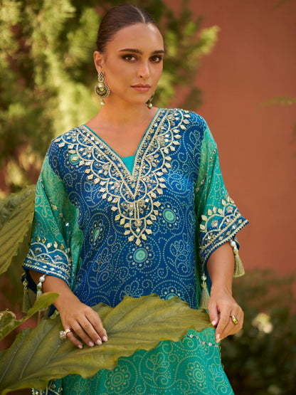 Blue &amp; Green Silk Kaftan with Embroidery and Gharara