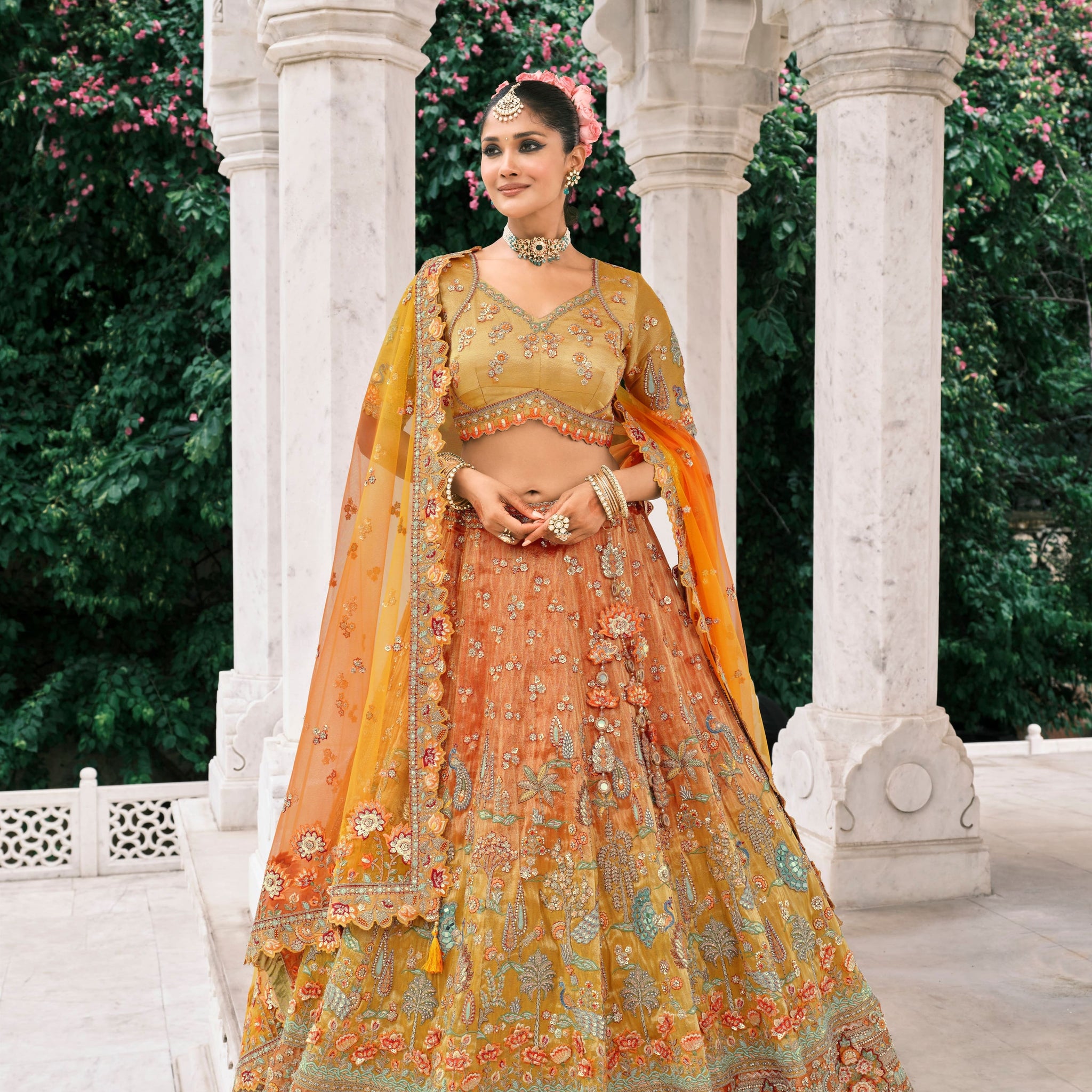 Multicolor Orange Embroidered Bridal Lehenga with Sequins Work