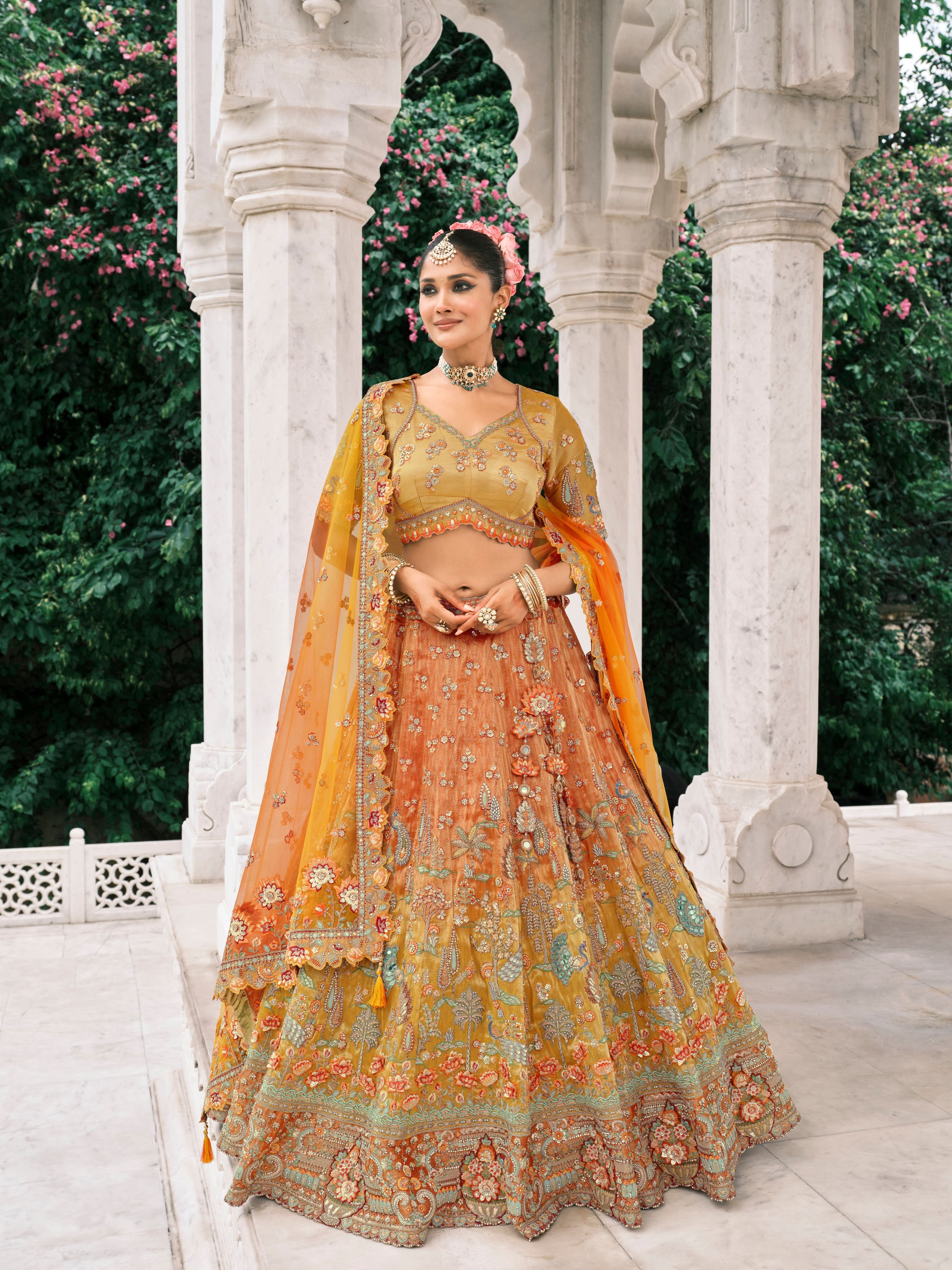 Multicolor Orange Embroidered Bridal Lehenga with Sequins Work
