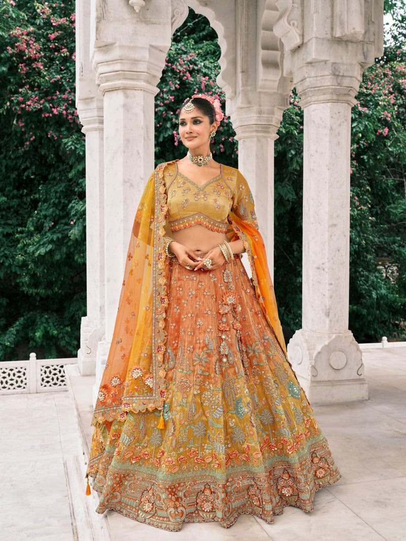 Multicolor Orange Embroidered Bridal Lehenga with Sequins Work