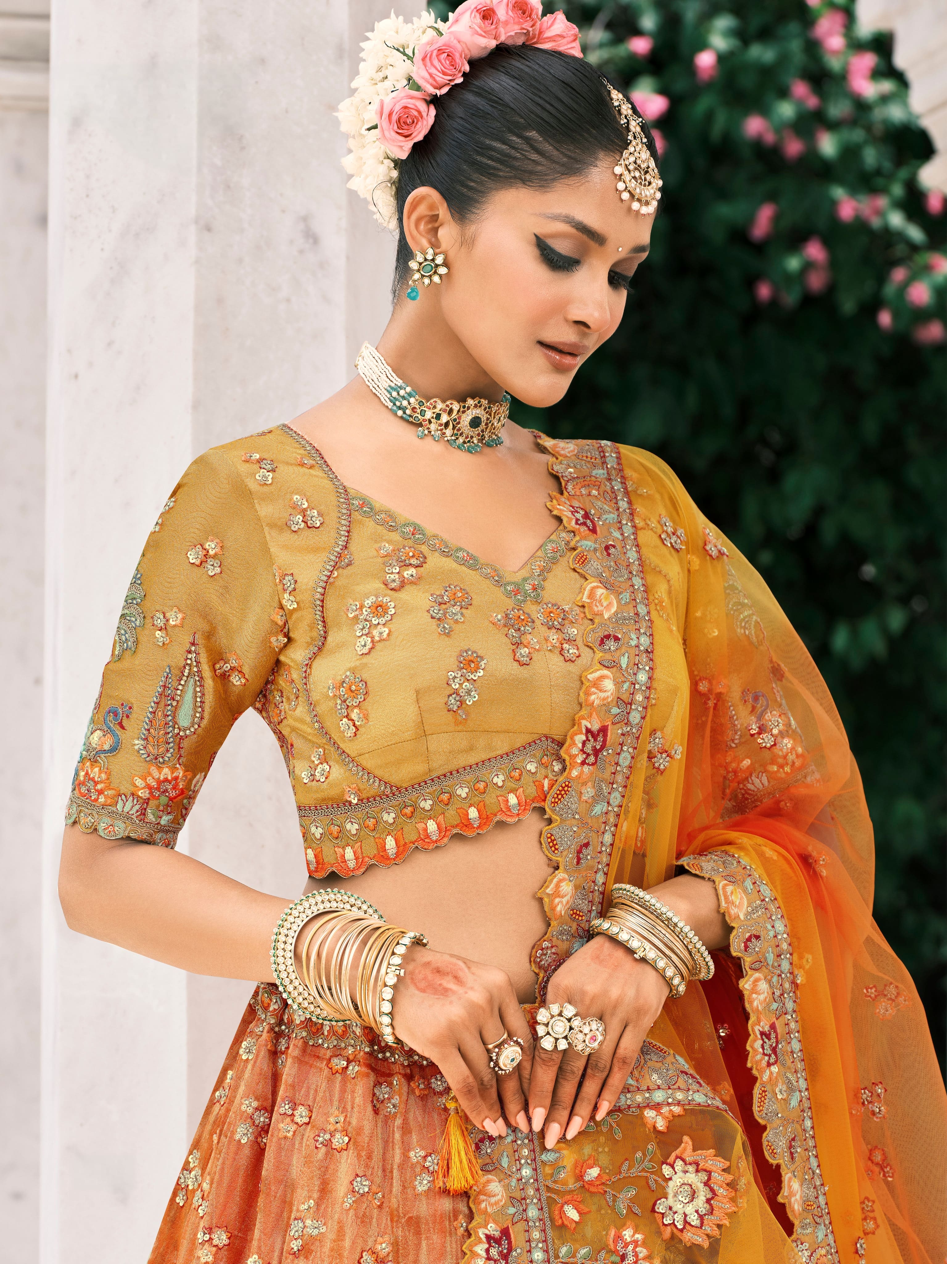 Multicolor Orange Embroidered Bridal Lehenga with Sequins Work