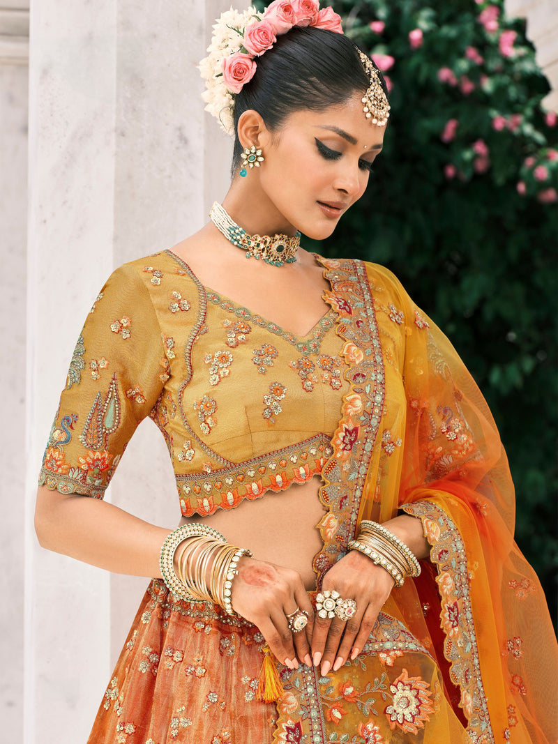 Multicolor Orange Embroidered Bridal Lehenga with Sequins Work