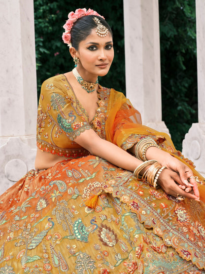 Multicolor Orange Embroidered Bridal Lehenga with Sequins Work