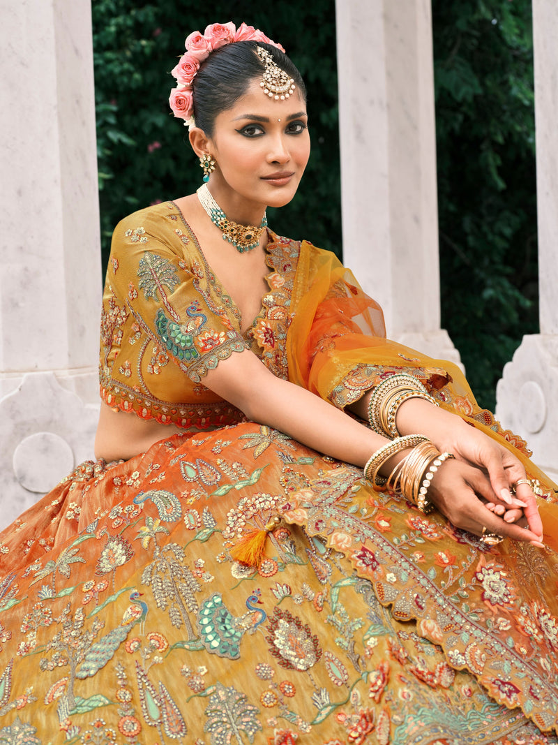 Multicolor Orange Embroidered Bridal Lehenga with Sequins Work