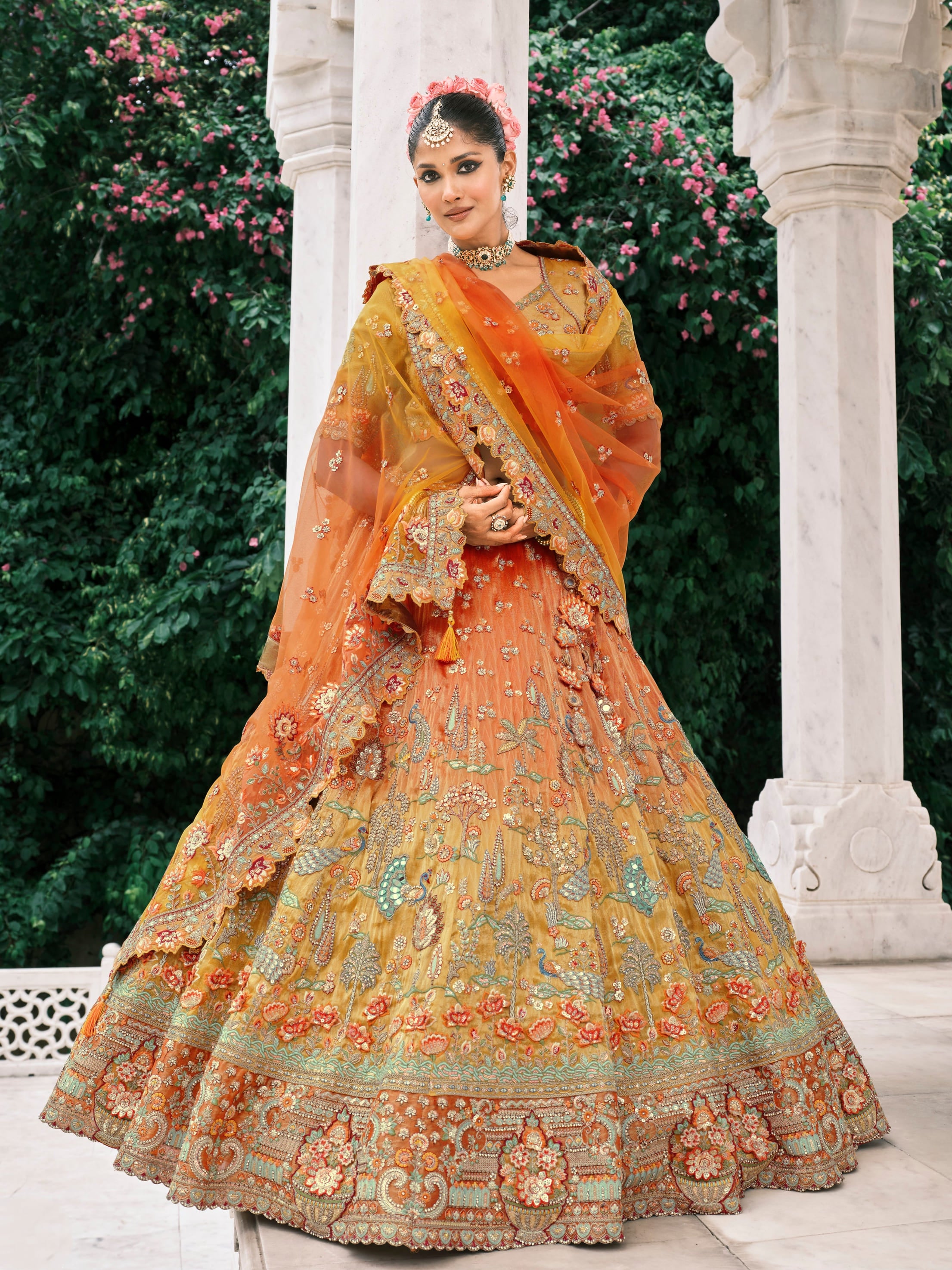 Multicolor Orange Embroidered Bridal Lehenga with Sequins Work