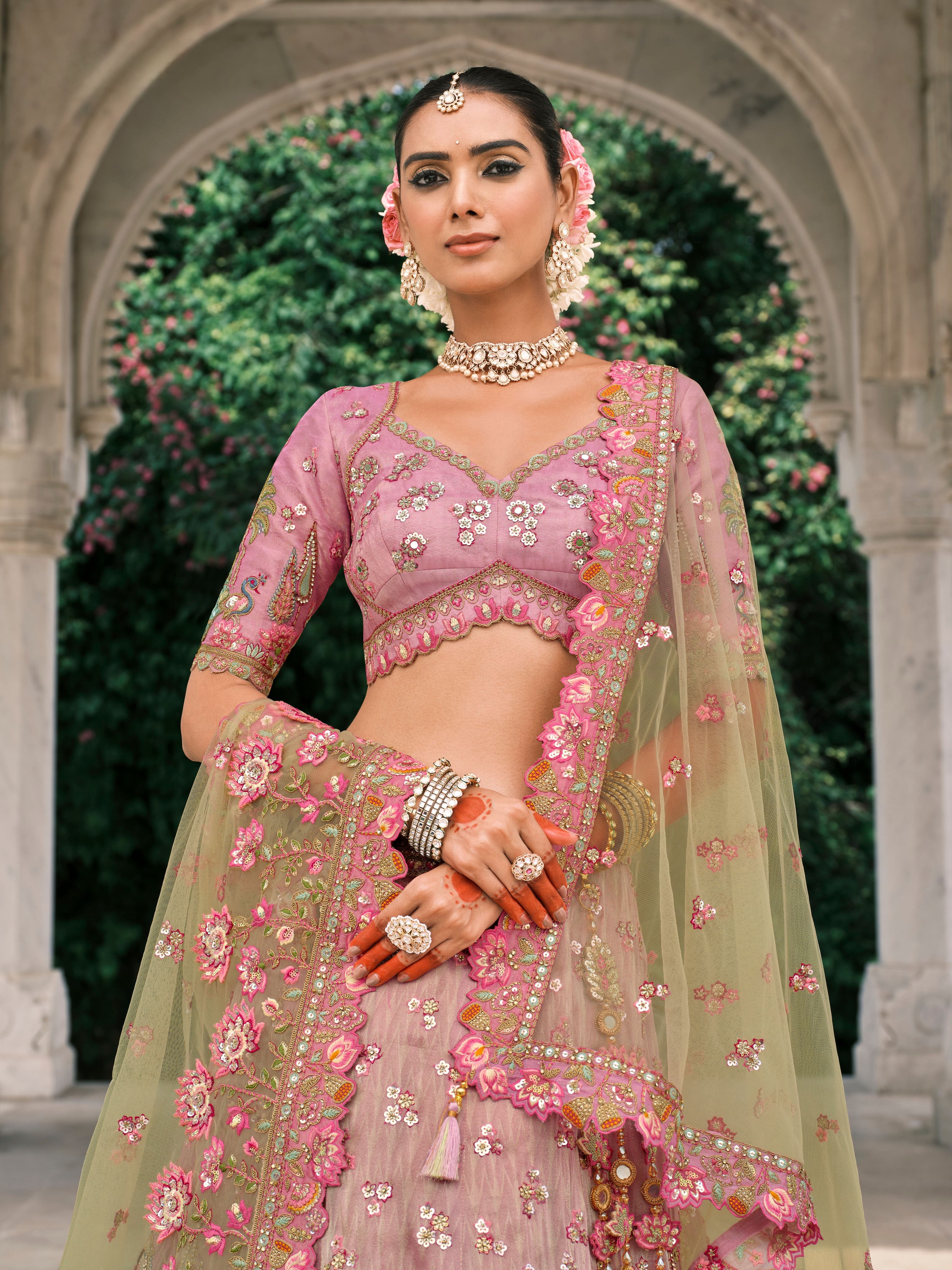 Pink Green Embroidered Bridal Lehenga with Sequins & Zari Work