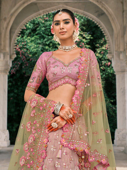 Pink Green Embroidered Bridal Lehenga with Sequins &amp; Zari Work