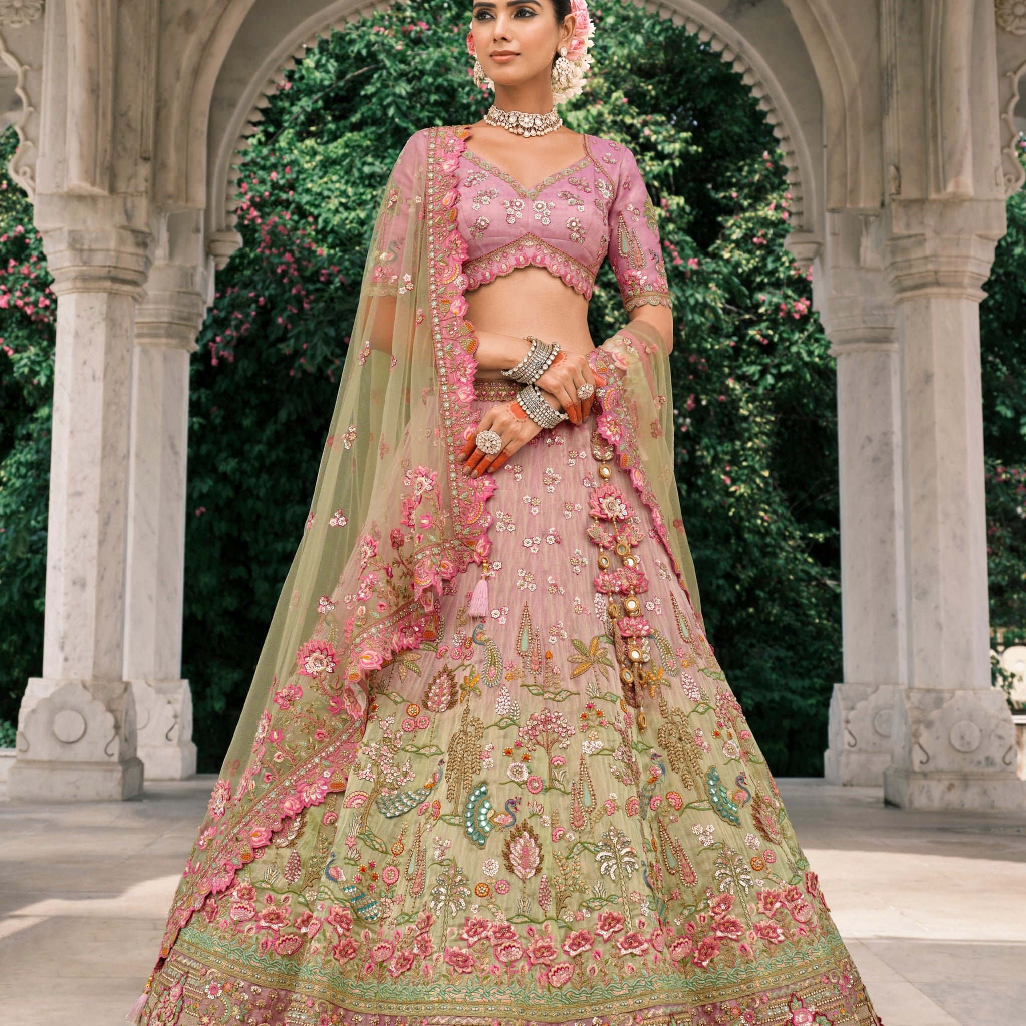 Pink Green Embroidered Bridal Lehenga with Sequins & Zari Work