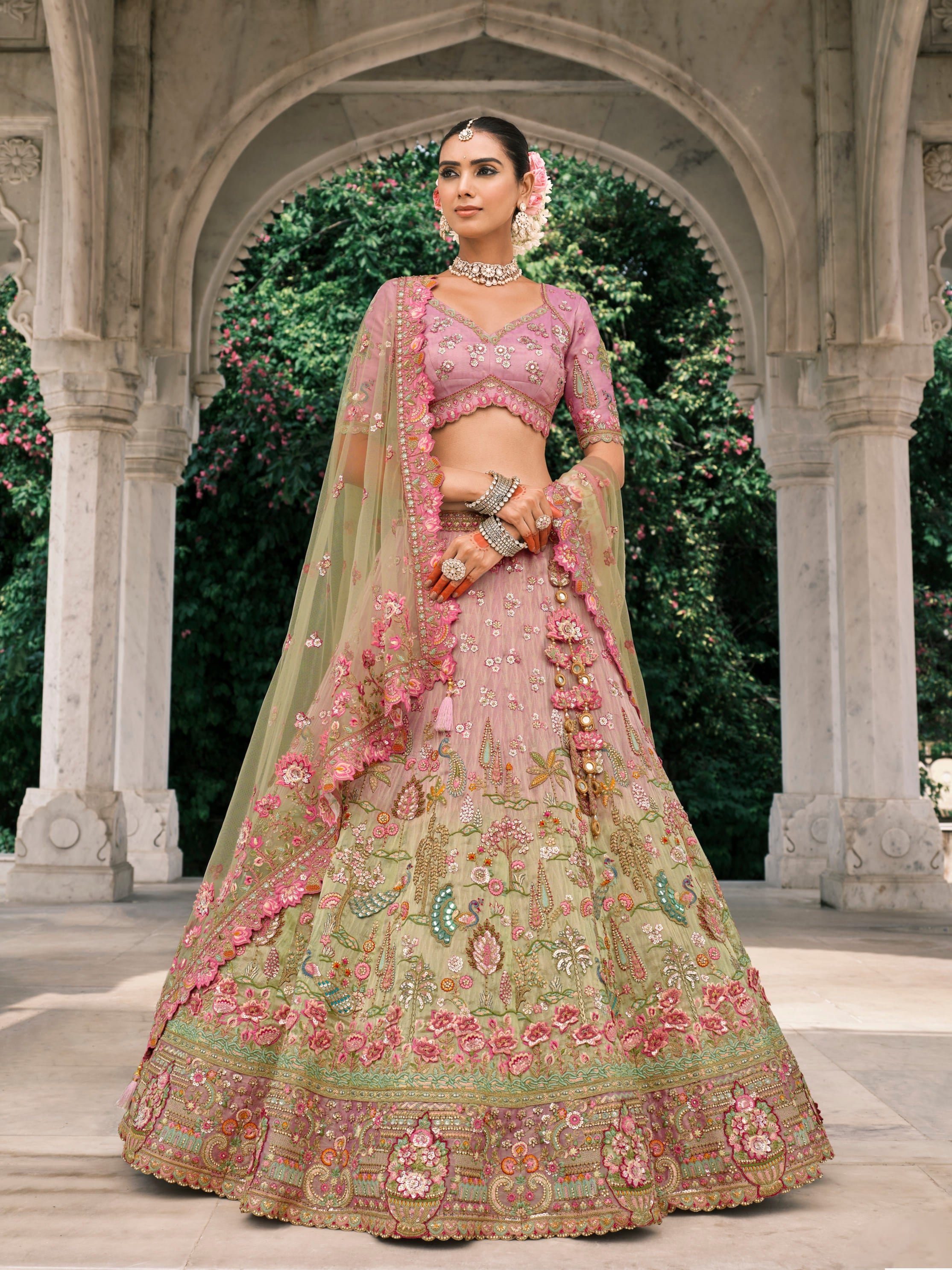 Pink Green Embroidered Bridal Lehenga with Sequins & Zari Work