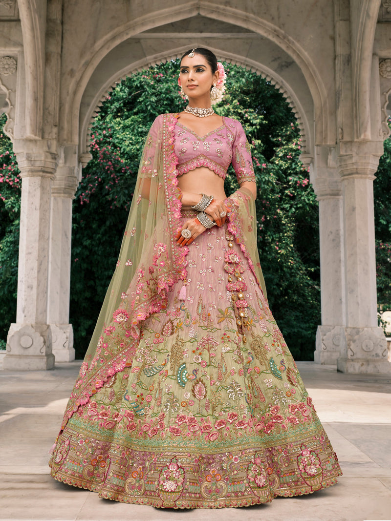 Pink Green Embroidered Bridal Lehenga with Sequins & Zari Work