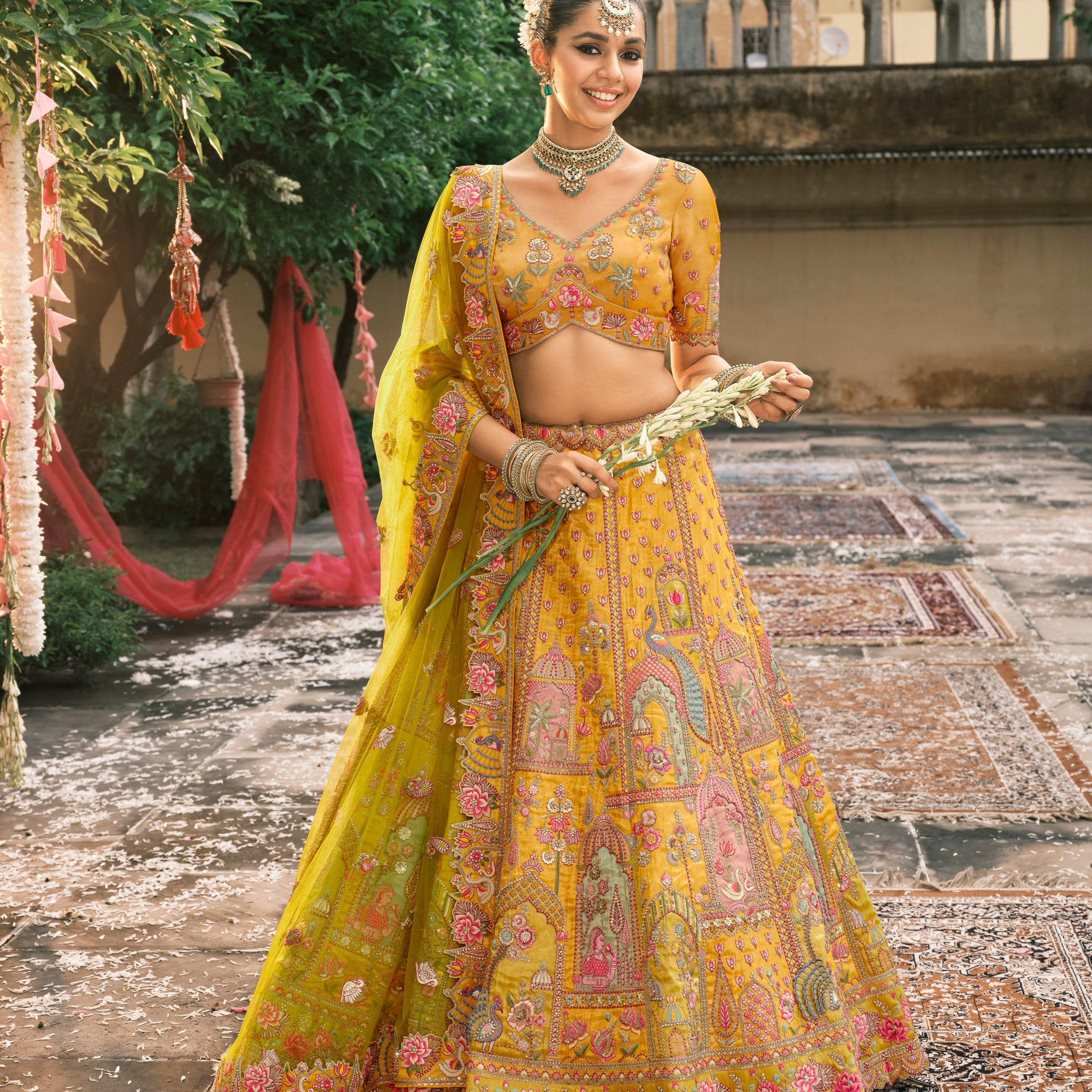 Yellow Bridal Lehenga with Temple Embroidery & Mirror Work