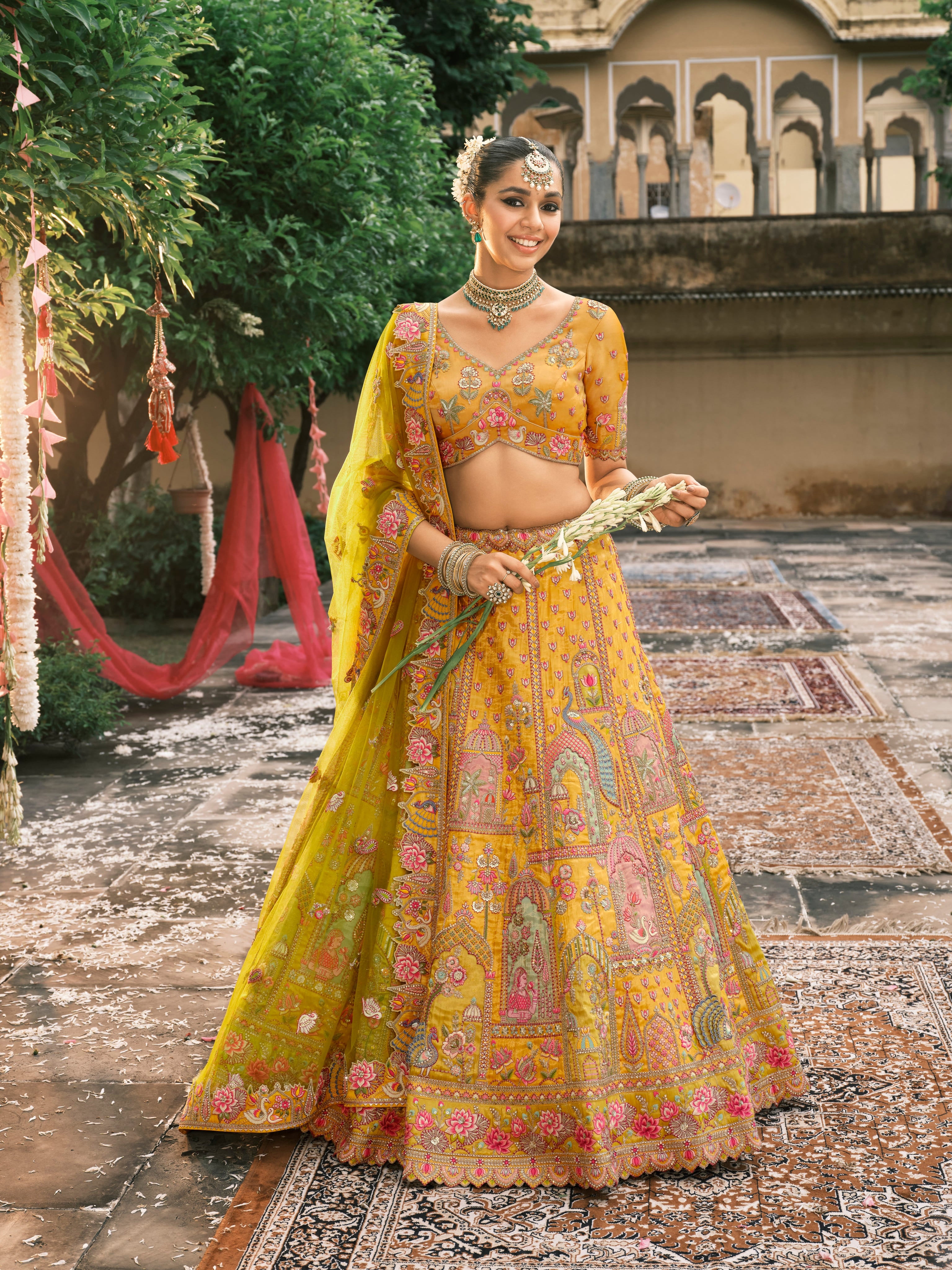 Yellow Bridal Lehenga with Temple Embroidery & Mirror Work