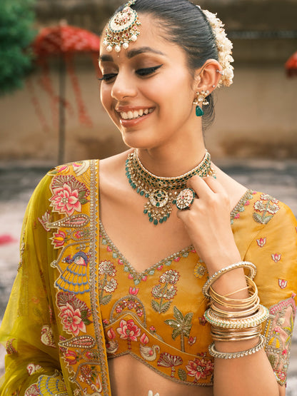 Yellow Bridal Lehenga with Temple Embroidery &amp; Mirror Work