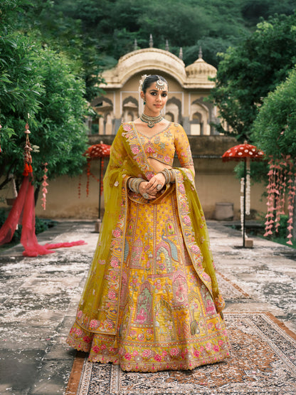 Yellow Bridal Lehenga with Temple Embroidery &amp; Mirror Work
