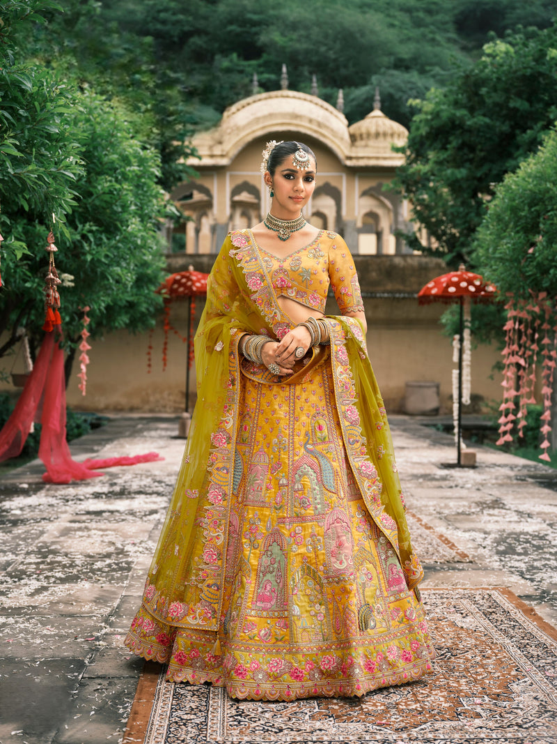 Yellow Bridal Lehenga with Temple Embroidery & Mirror Work