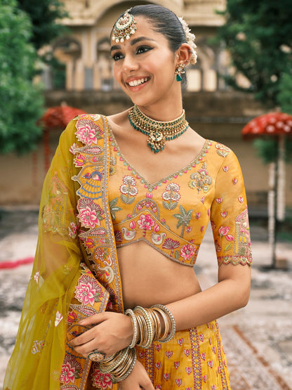 Yellow Bridal Lehenga with Temple Embroidery &amp; Mirror Work
