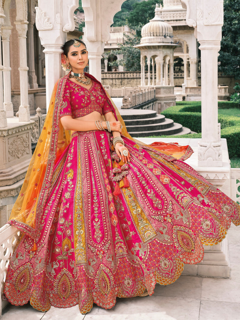 Rani Pink Heavy Embroidery Bridal Lehenga with Cutwork Dupatta