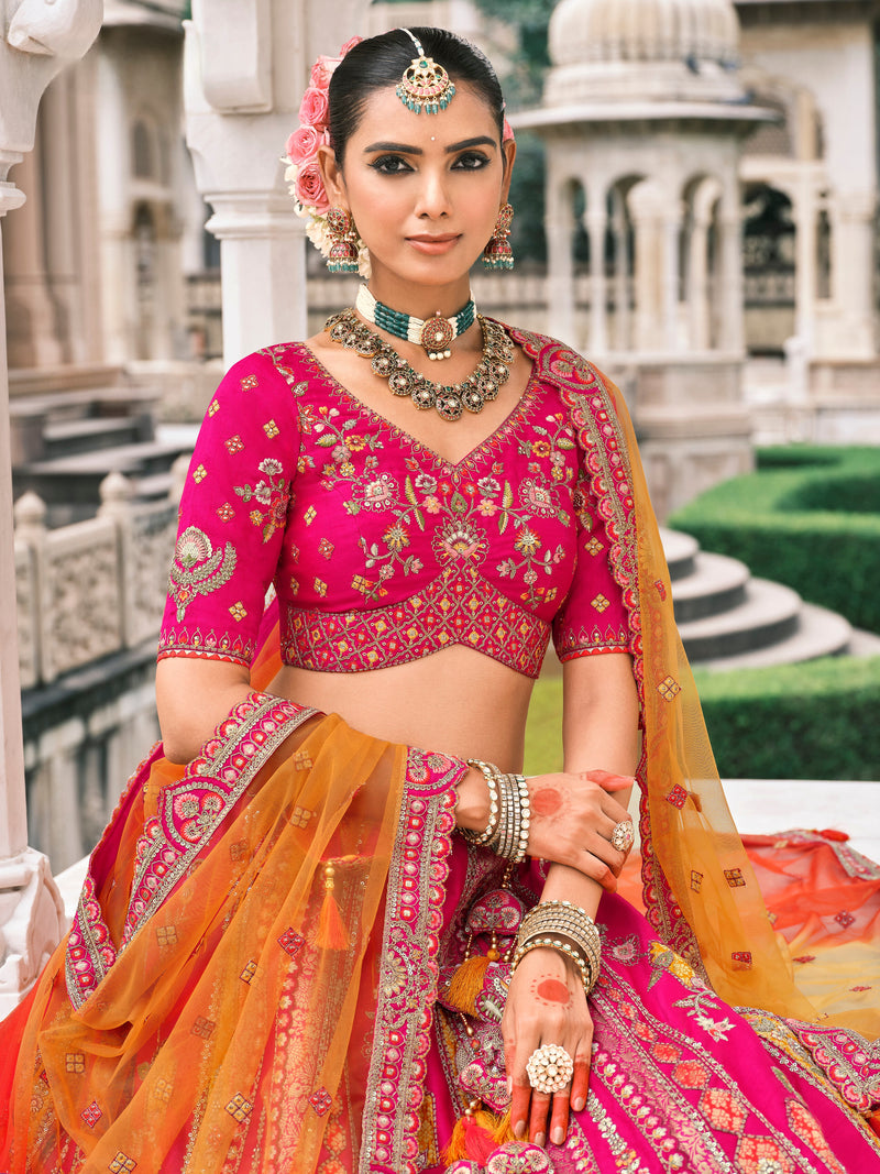 Rani Pink Heavy Embroidery Bridal Lehenga with Cutwork Dupatta