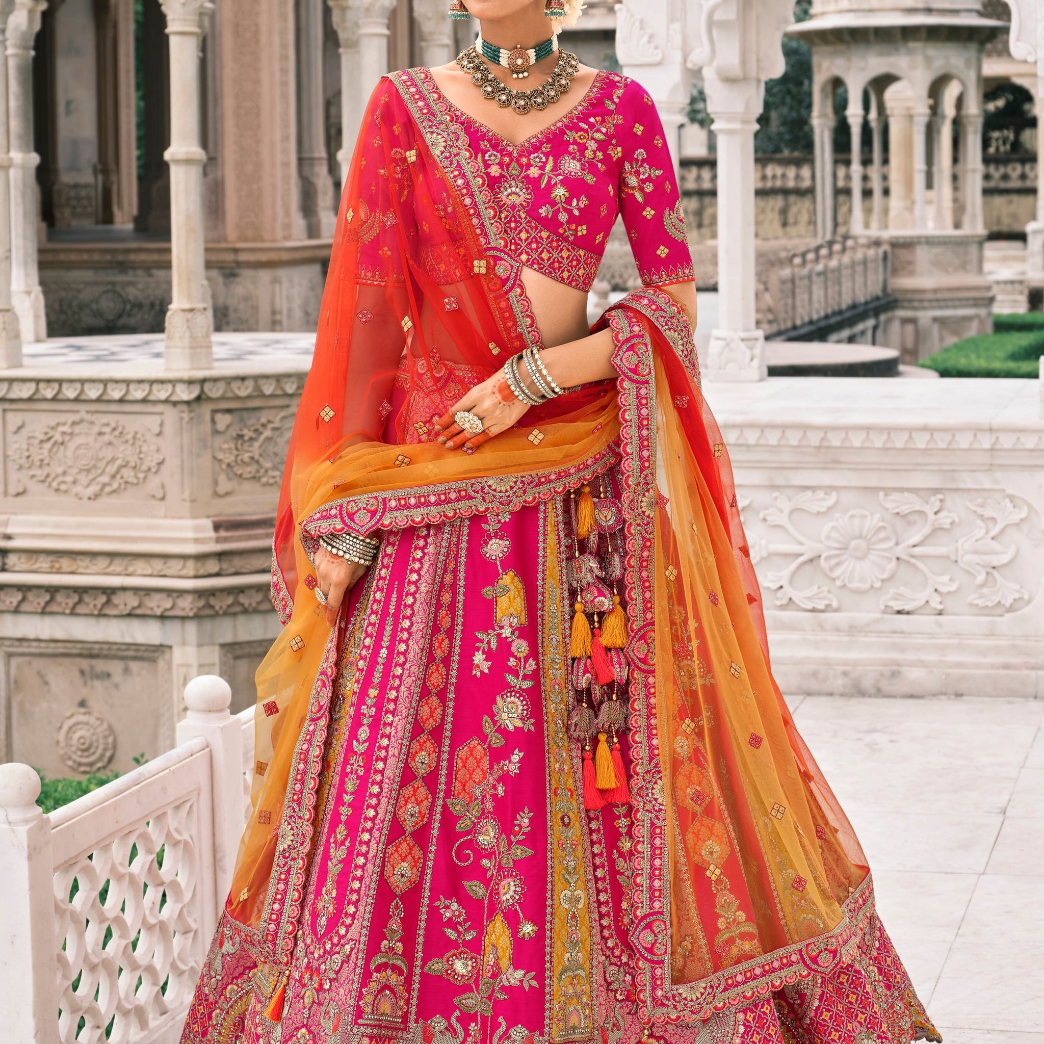 Rani Pink Heavy Embroidery Bridal Lehenga with Cutwork Dupatta
