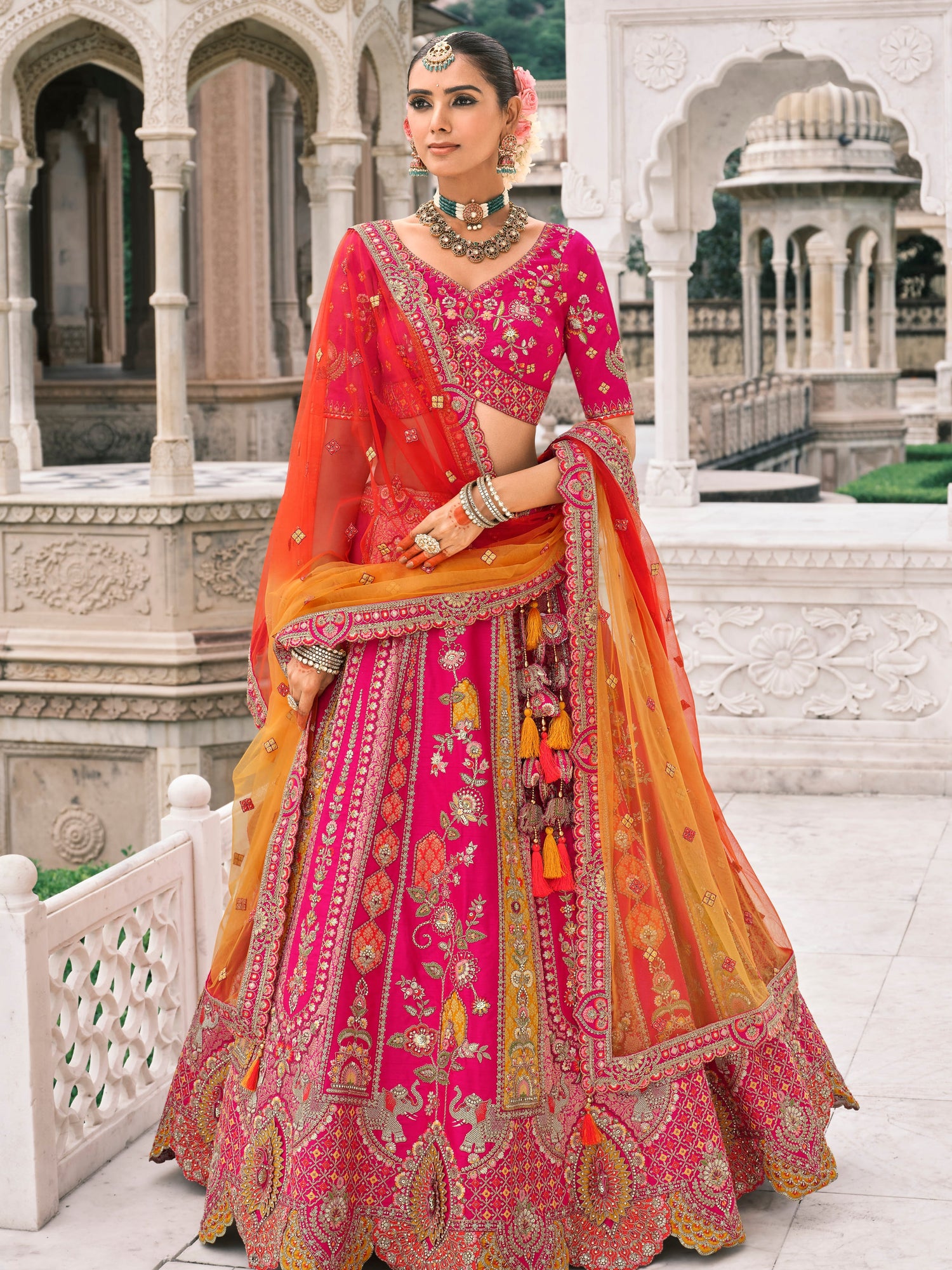 Rani Pink Heavy Embroidery Bridal Lehenga with Cutwork Dupatta